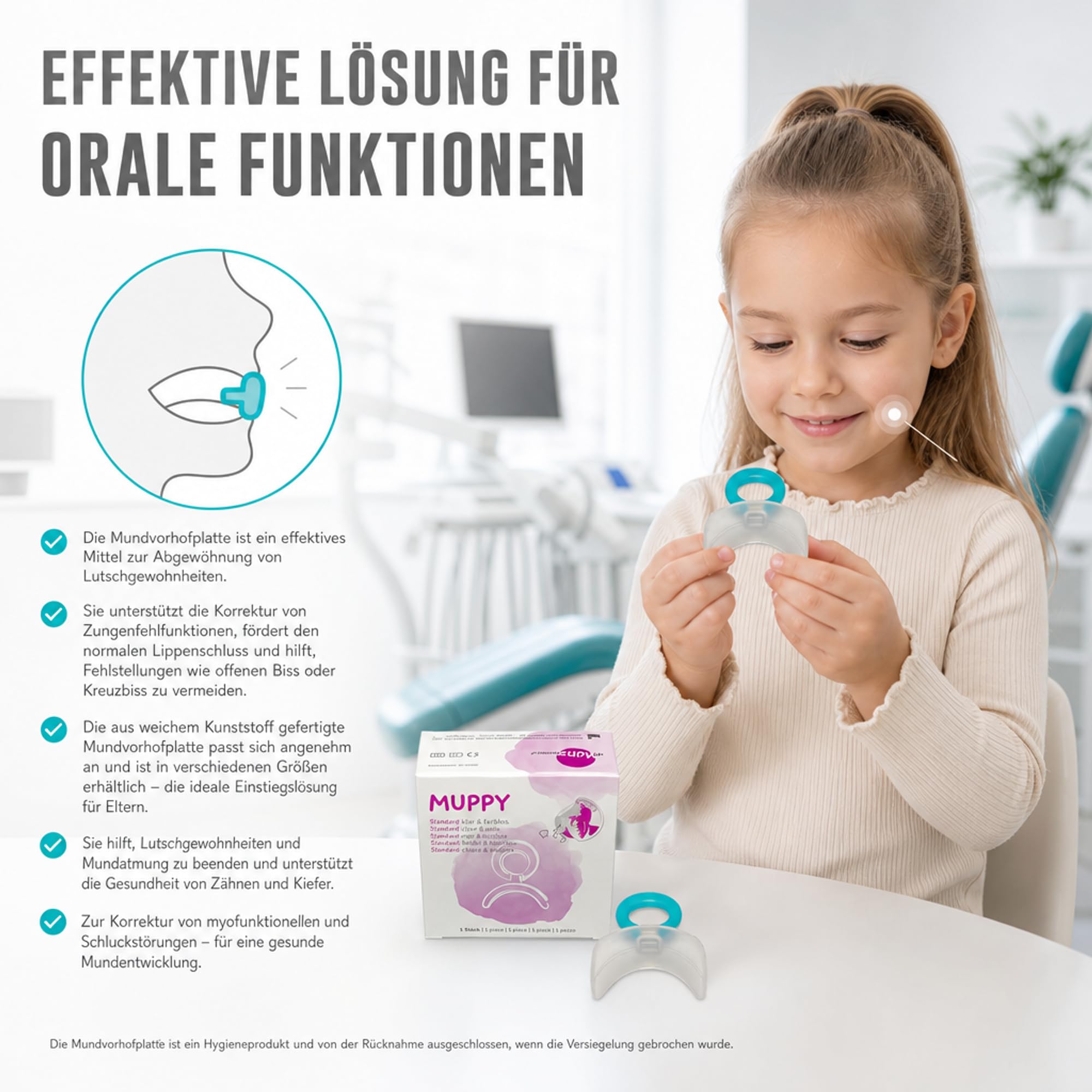 Mundvorhofplatte Standard, klein, transparent/elastisch – Hilft Lutschgewohnheiten abzugewöhnen – Vinylgruppenhaltiges Polymethylsiloxan