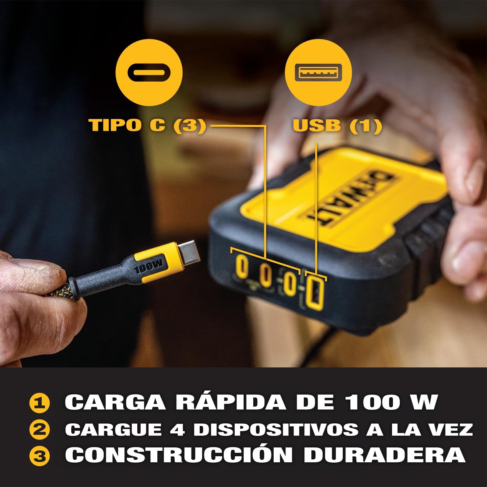 DEWALT Cargador USB-C 4 Puertos 100W, Estación de Carga USB-C con Power Sharing Inteligente y Cable 1,8 m, Carga 4 Dispositivos, Compatible con Baterías DEWALT 20V MAX y FLEXVOLT