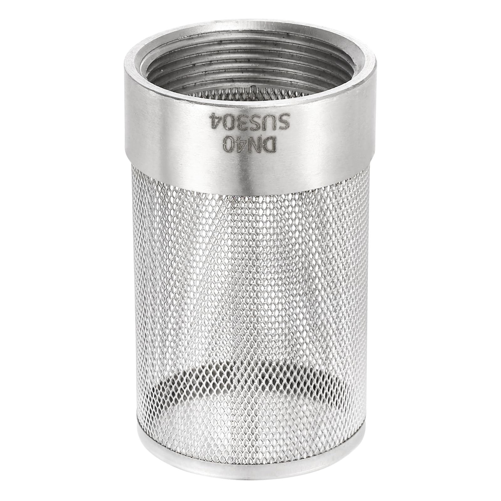 sourcing map 1.5 Inch 304 Stainless Steel Filter Cover, Hose Inlet Suction Strainer Filter, Connected to DN40 1.5" PVC Water Pipe to Reduce Solid Entry (91mm Length, 45mm Thread Dia)