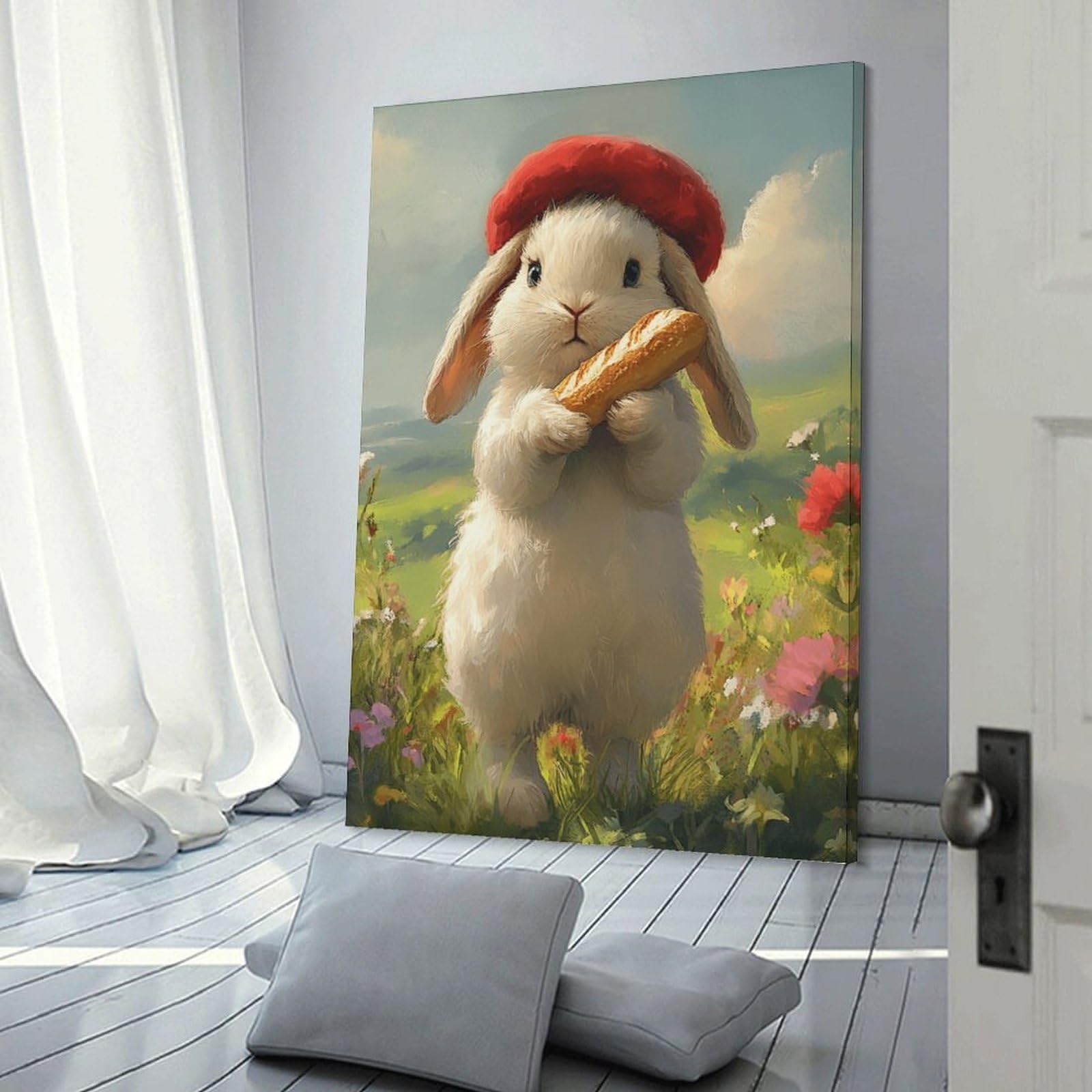 Junmoney Frame-Style Wall Decor Canvas Print Rabbit Holding Bread, 20X30inch(50X75cm), For Living Spaces, Bedrooms Or Relaxed Rooms, A Home Accent With Warm Character