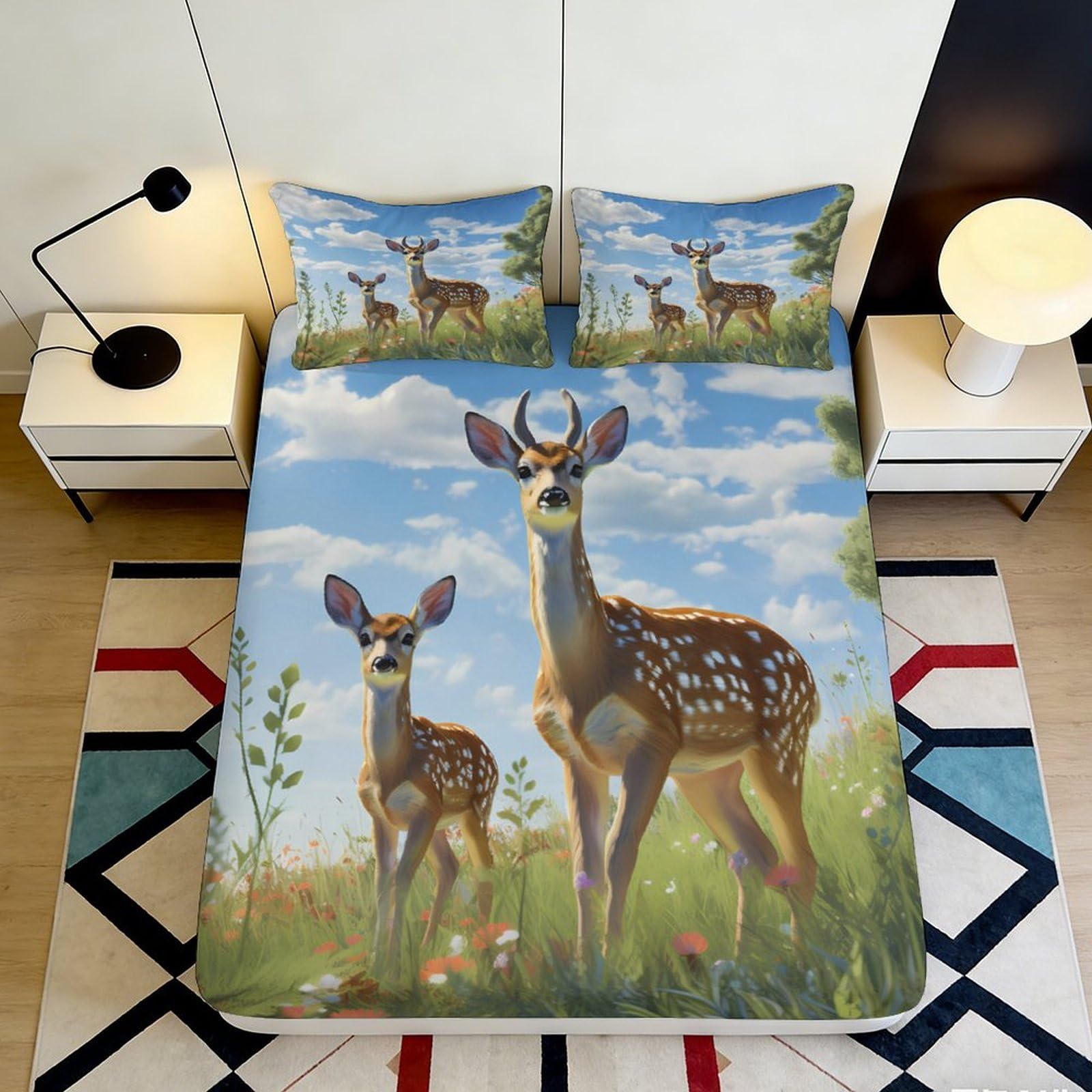 3D Printed Deer Pattern Fitted Sheet Microfiber Soft Breathable Forest Landscape Bed Cover for Bedroom Dormitory Guest Room Mattress Protection 140x200x25cm