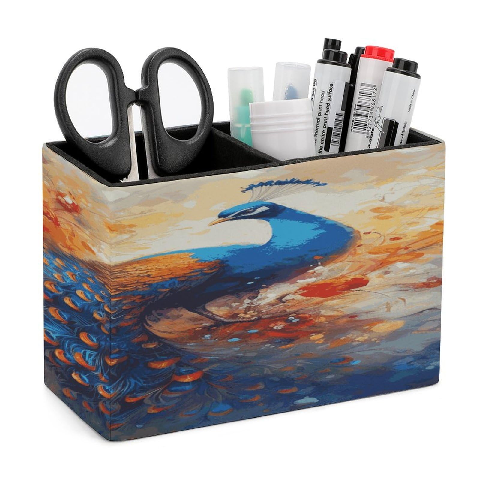 LDGSUPH Peacock2 Leather Pen Holder for Desk Organizer Caddy Large Pencil Cup Multi-function Pencil Holder Makeup Brush Holders Pen Organizer for Home Office Storage Box
