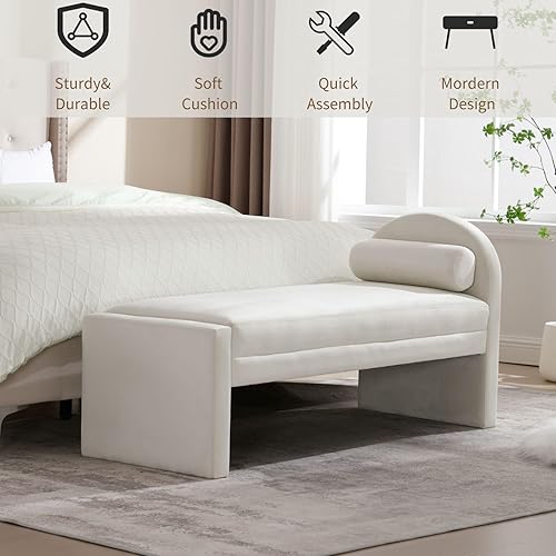 Miniatura 6 de Banco de entrada tapizado de terciopelo, banco moderno para el extremo de la cama, banco otomano beige para dormitorio, sala de estar, ventana y