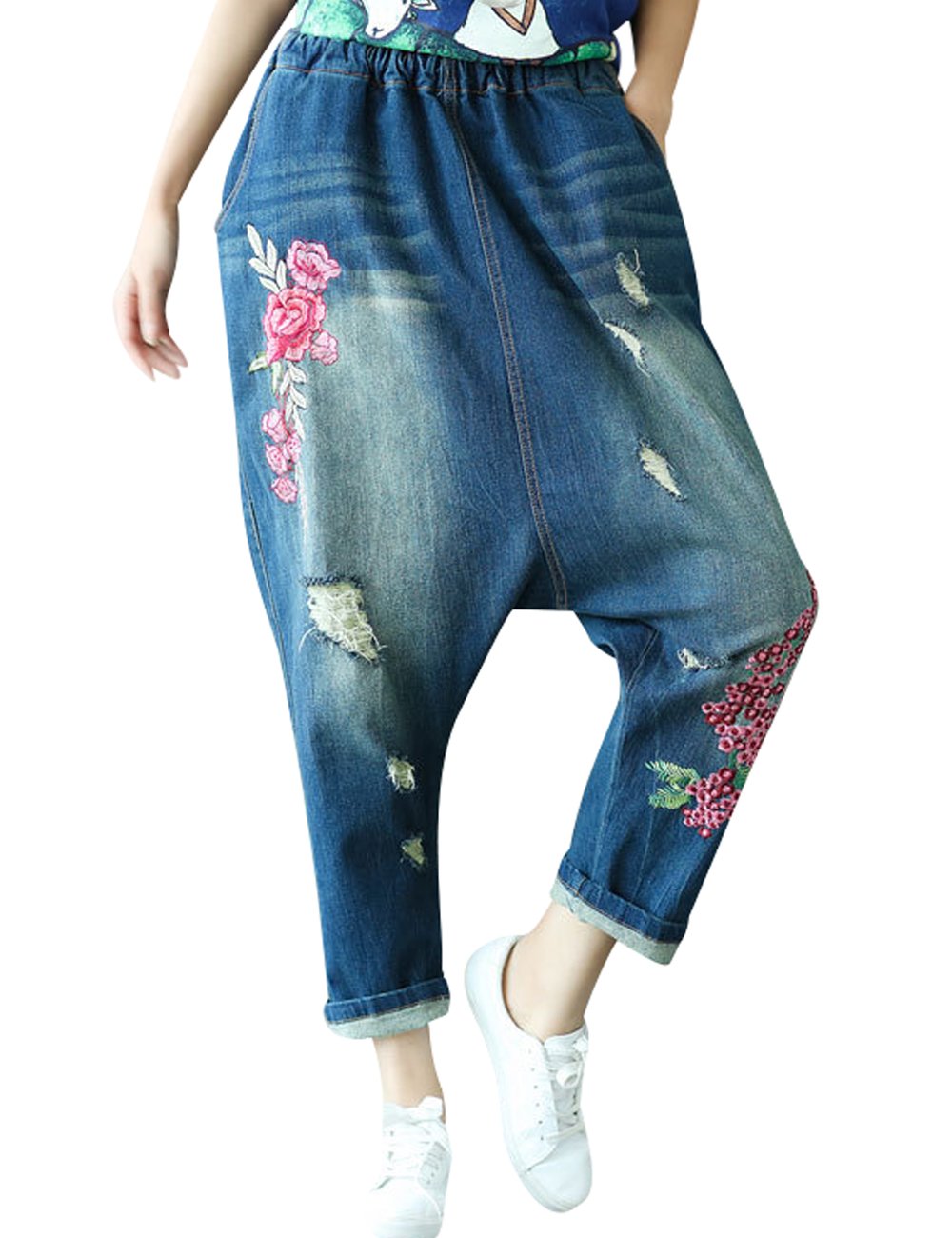 Youlee Femmes Taille Elastique Brodé Drop Crotch Pantalons Jeans Sarouel
