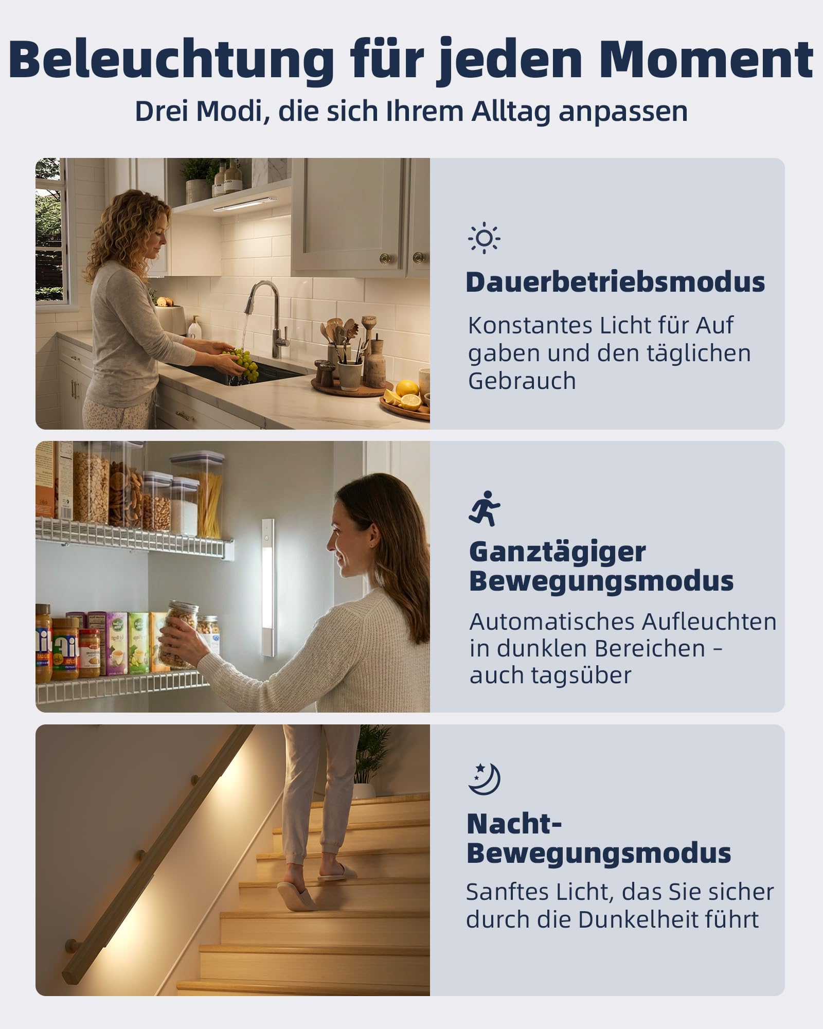 EZVALO Schrankbeleuchtung Kabellose 38cm, Abnehmbarer Akku, Touch-Dimmbar, 3 Farben Unterbauleuchte Küche LED, Magnetische Schranklicht mit Bewegungsmelder für Schrank Treppe (Silber, 2 * 38cm)