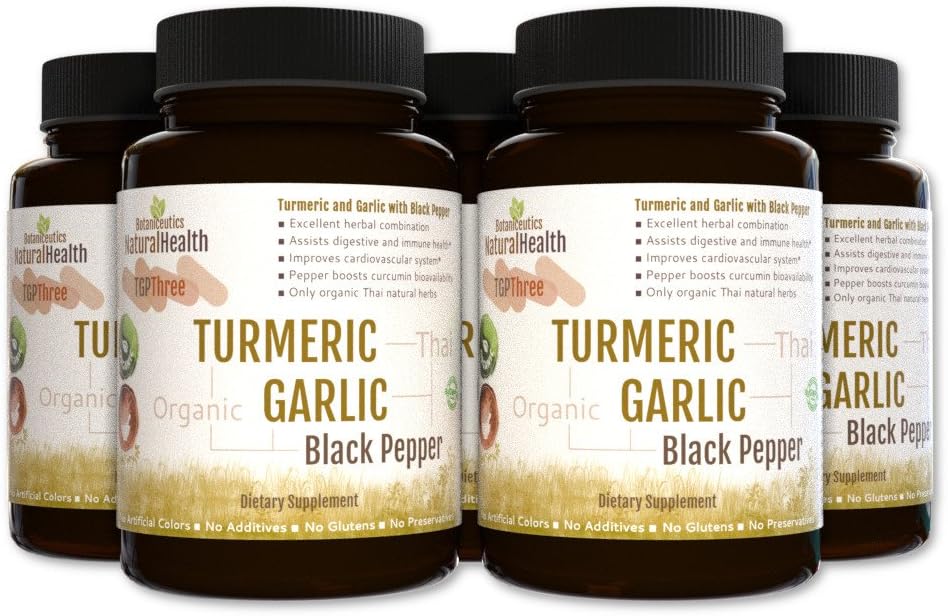 Botaniceutics Organic Turmeric, Garlic and Black Pepper - 450 Capsules - 5 Bottle Pack. 500 Mg Wholesome Curcumin, Allium and pepperine for Natural, Good Health.