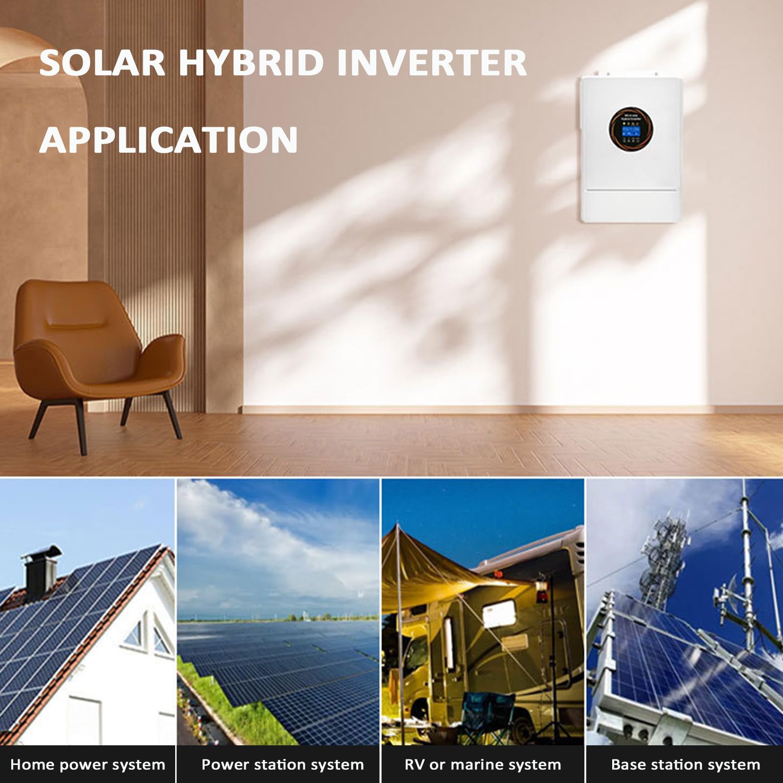 Inversor solar todo en uno de 48V 5500W, inversor solar híbrido con controlador de carga solar MPPT de 120A + cargador de CA, pantalla LCD, apto para baterías de plomo-ácido y litio,110V/120V