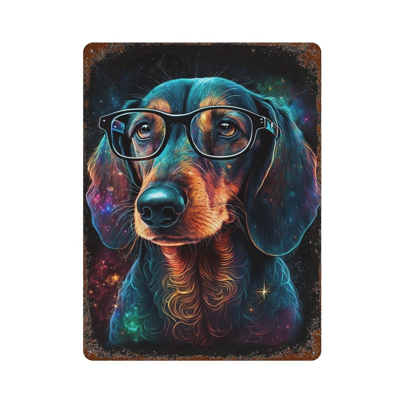 Rusty Metal Tin Sign Cosmic Dachshund Glasses Art Print 15.7"x11.8", Classic Wall Plaque for Cafe, Home Bar And Lounge Decor