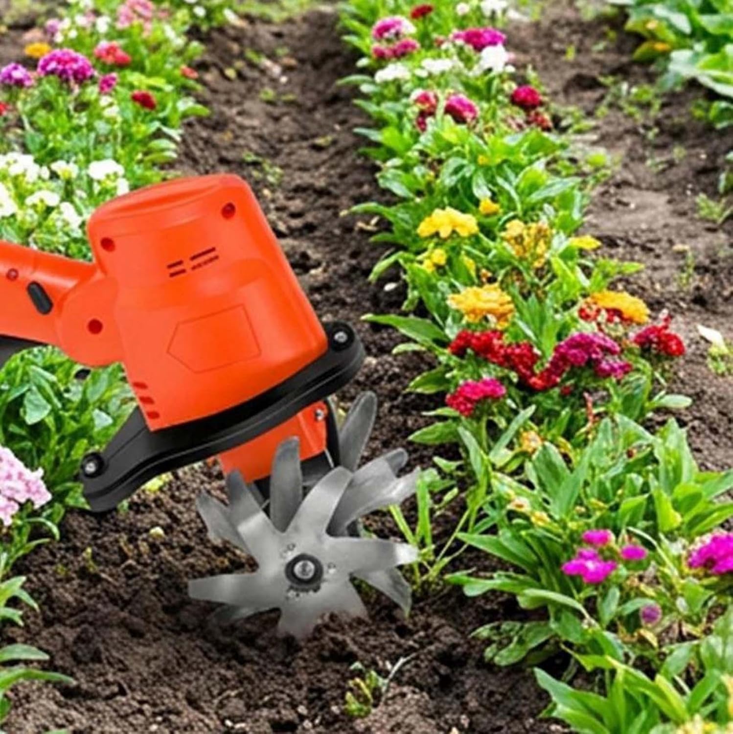 Cultivador eléctrico inalámbrico 21V, 235 RPM, Ancho y Profundidad de Trabajo 10 cm, con 2 baterías, Herramienta portátil Ligera para aflojar la Tierra del jardín y Eliminar Malas Hierbas