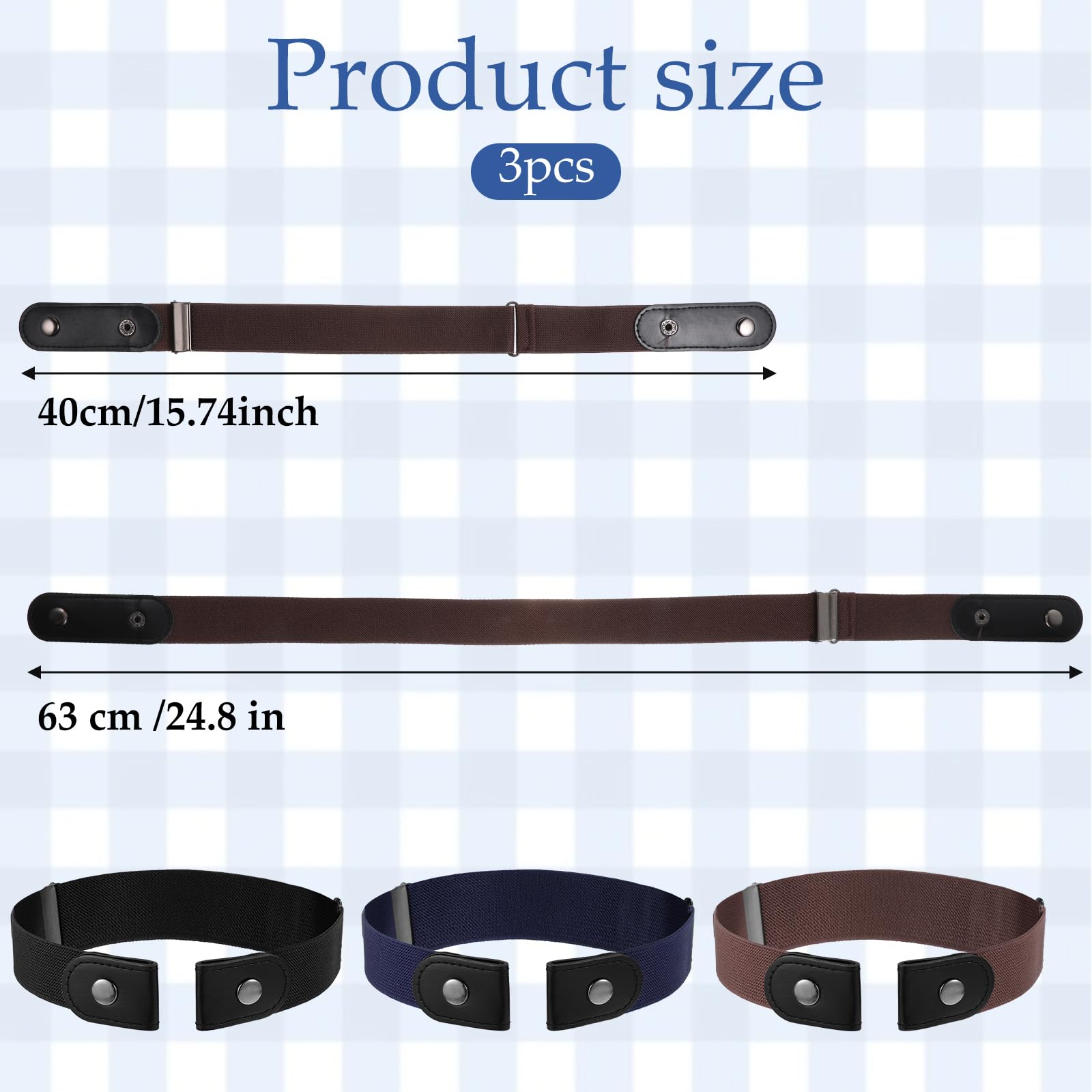 3 cinturones sin hebilla para niños, cinturón para niños sin hebilla, cinturón elástico invisible para niños y niñas, uniforme escolar vaquero, Negro + Azul + Marrón, 40 cm bis 63 cm