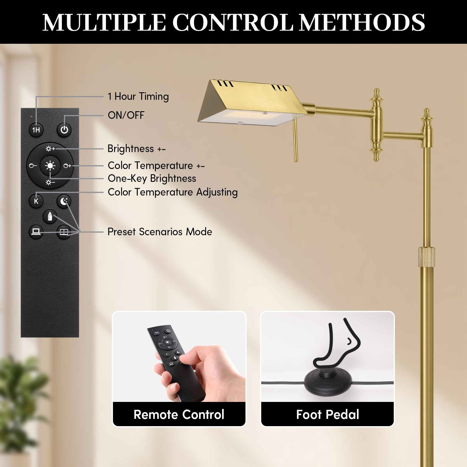 Lámpara de pie regulable de farmacia con control remoto, lámpara de pie de lectura LED dorada de 17 W con brazo oscilante de 360°, temperatura de 3 colores, lámpara de trabajo de pie ajustable en