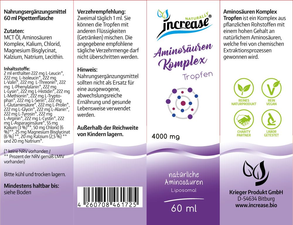 Liposomale Aminosäuren Komplex Tropfen hochdosiert - 120.000mg Aminosäuren pro Packung) 4000mg Aminosäuren pro Tagesdosis mit 18 verschiedenen Aminosäuren - MCT Öl - Hohe Bioverfügbarkeit