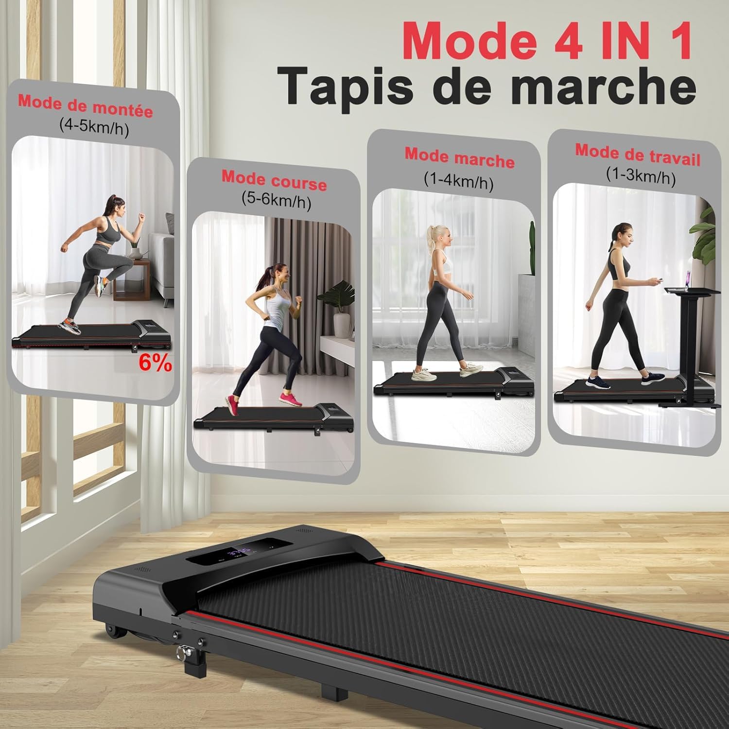 Tapis De Marche Pliable 3HP, Inclinable 0-9%, Vitesse 1-10 Km/h - Pour Bureau, Maison, Silencieux - Avec App, Télécommande, LED - 4