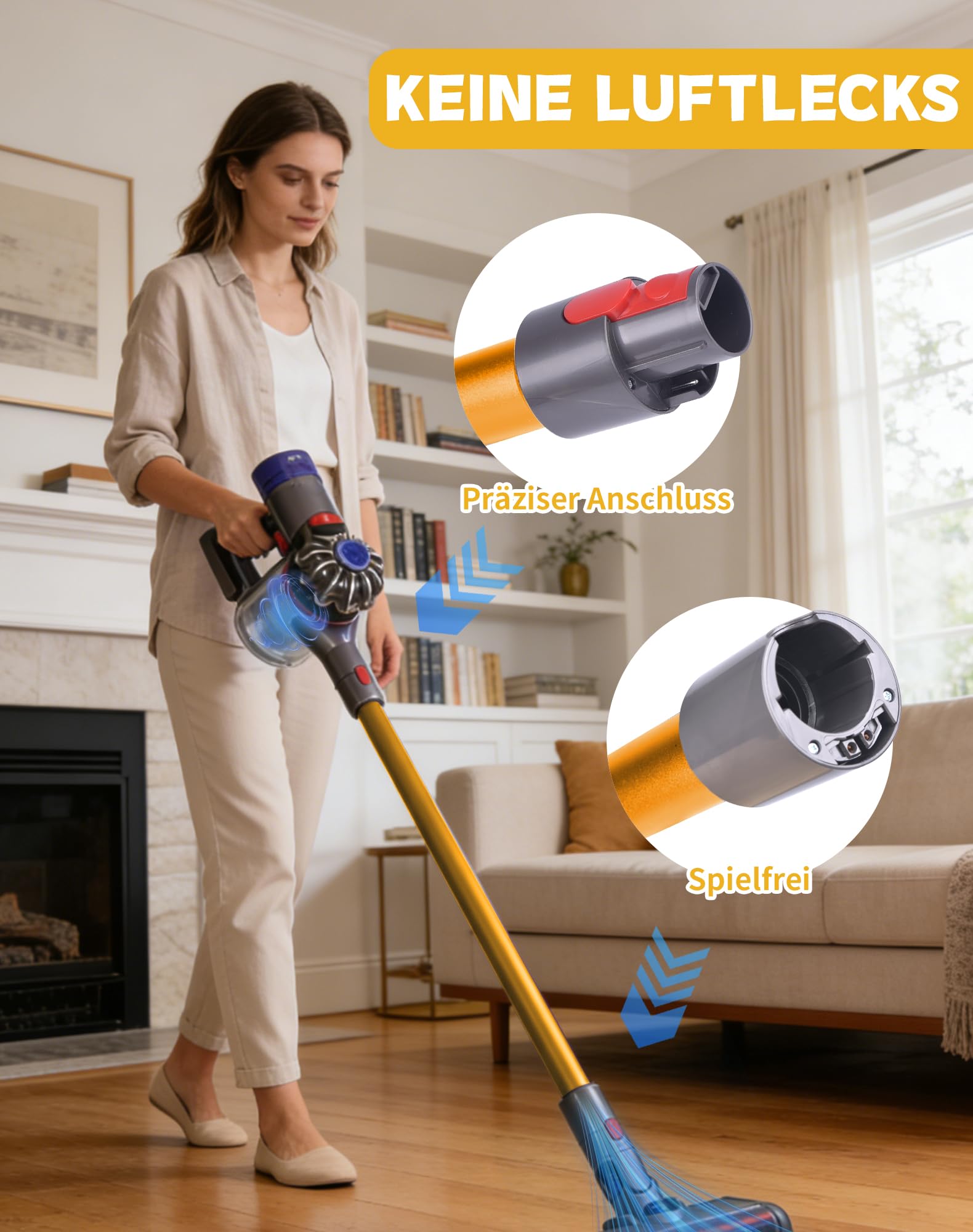 Verlängerungsrohr für Dyson V7 V8 V10 V11 V15 – Ersatz-Rohr aus Aluminium, Schnellverschluss, Robust & Leise, 72.5 cm, Gelb