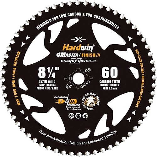 8-1/4 Table Saw Blade 60T Wood Cutting, 5/8 Arbor, Diamond Knockout | 60T carbide teeth and 2.0mm thin kerf deliver fine-finish cuts; lightweight for compatible corded and cordless table saws.