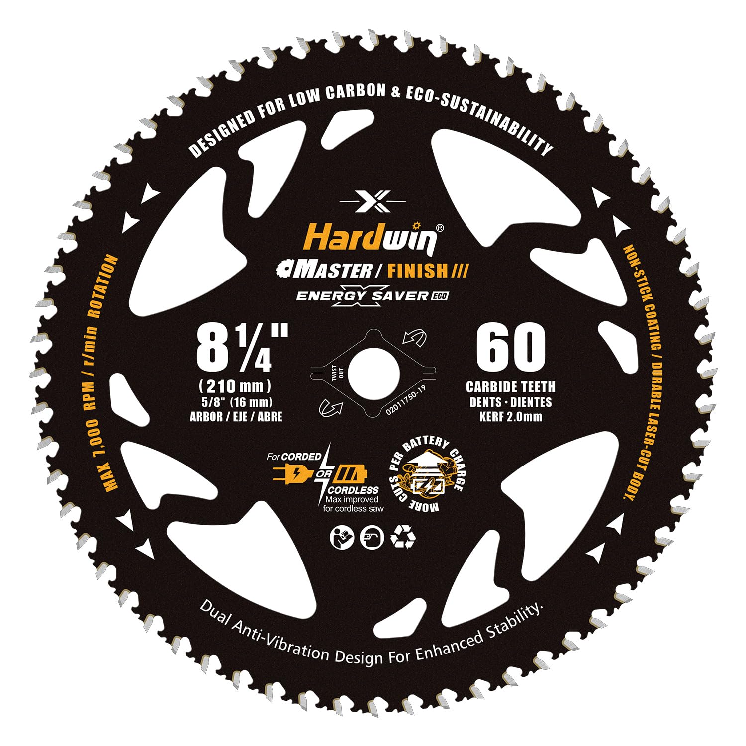 8-1/4 Inch Table Saw Blade 60 Tooth Fine Finish, 5/8" Arbor with Diamond Knockout, Ultra Thin Kerf Woodworking Blade for Cordless & Corded Saws, Carbide Tipped for Hardwood, Plywood, MDF