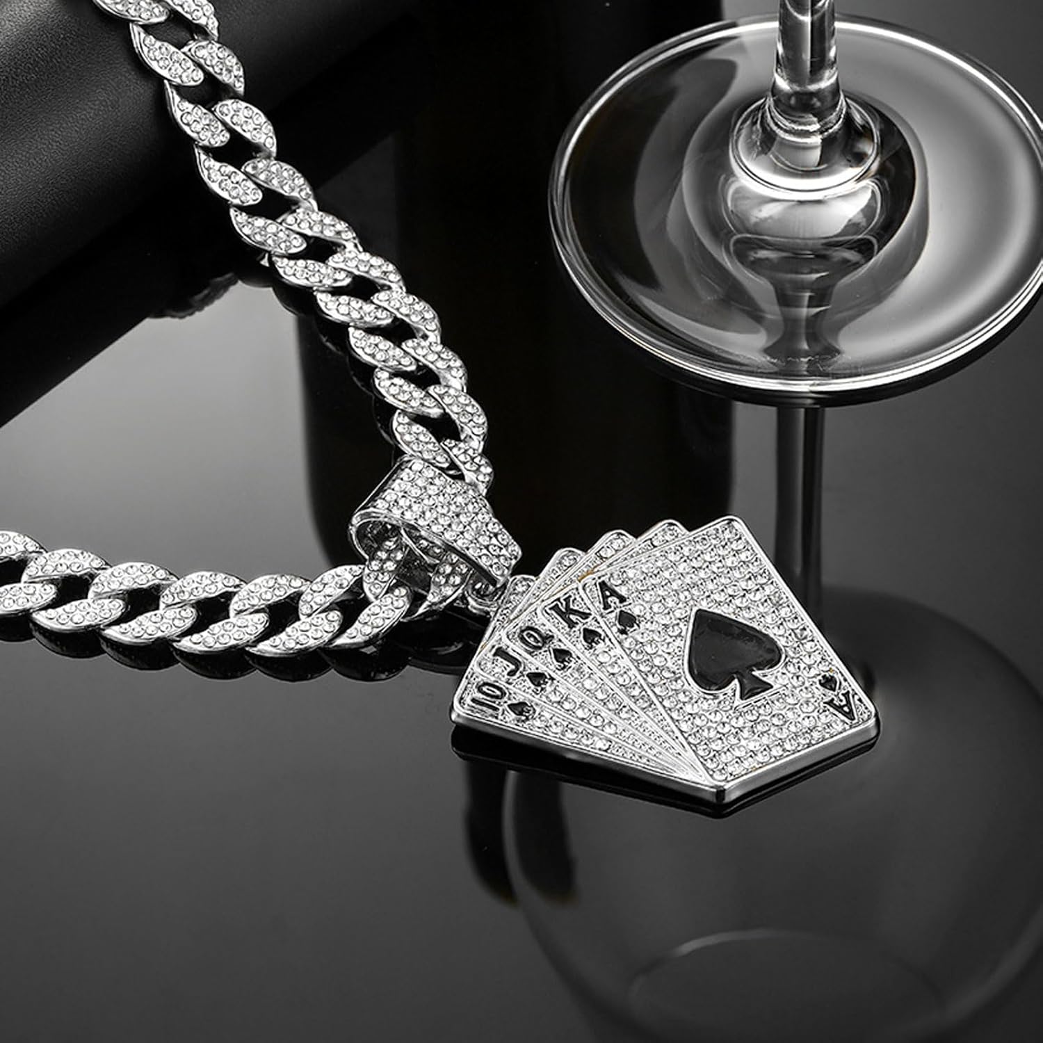 Playing card Hip-hop Cuban Chain, Pendant Miami Cuban Link Chain for Men, Gold/Silver Plated Diamond Necklace, Iced Out Hip Hop Necklace - Image 3