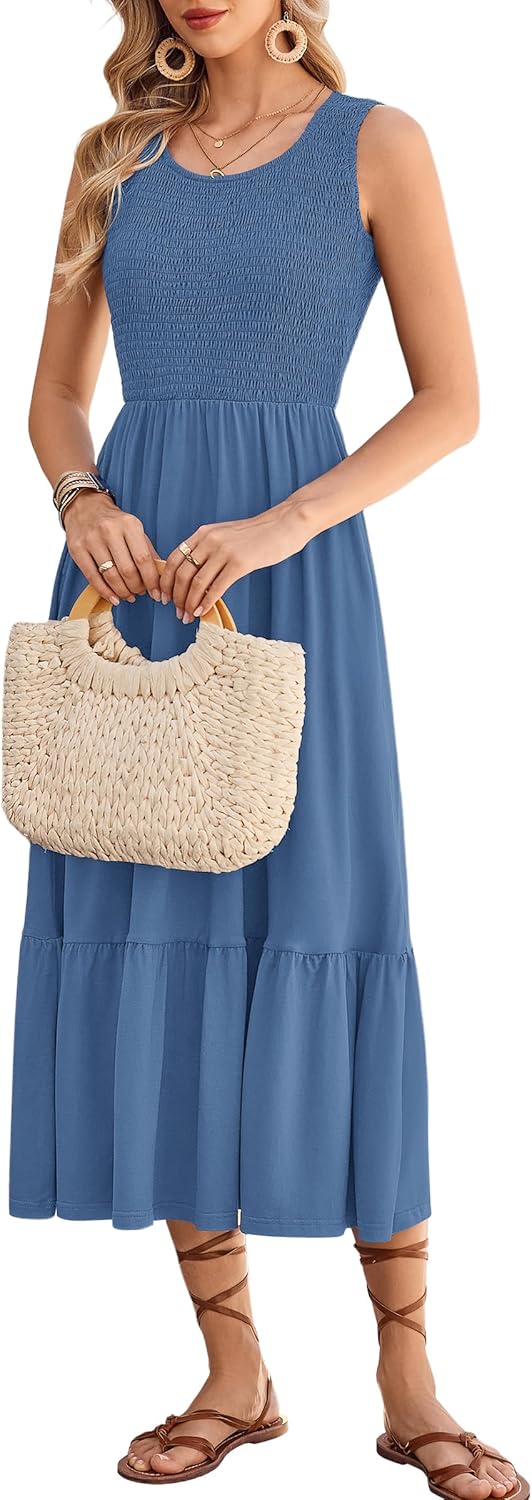 AUSELILY Women's Sleeveless Maxi Dress Summer Sundress Smocked Empire Waist Crew Neck Sun Dresses 2026 New