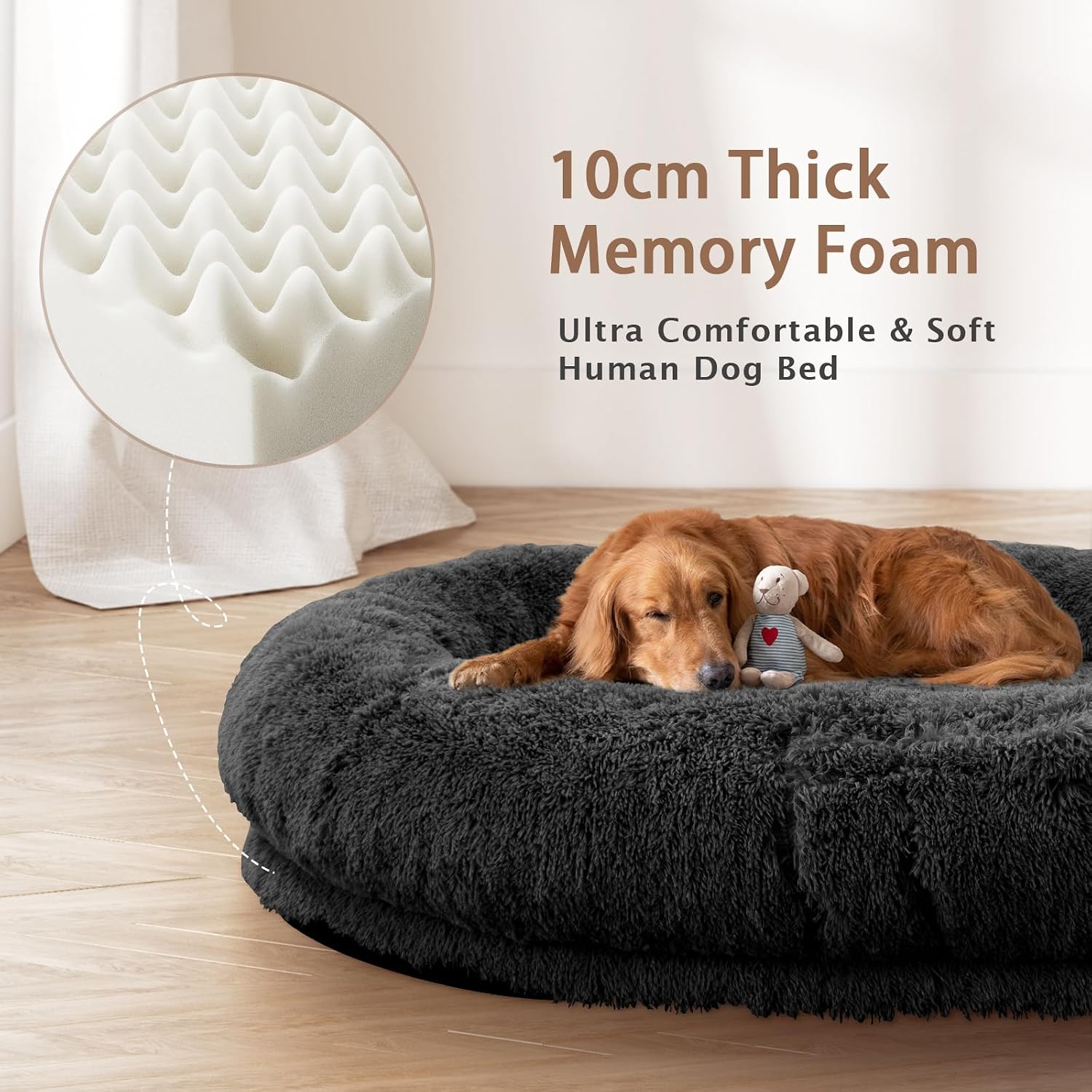 ROOMTEC Human Dog Bed, 71''x45''x12'' Size Fits Adult and Pet Washable Giant People Bed 10 CM Thick Memory Foam Large Oversize Pet Bed with Plump Pillow, Blanket, Strap - Black
