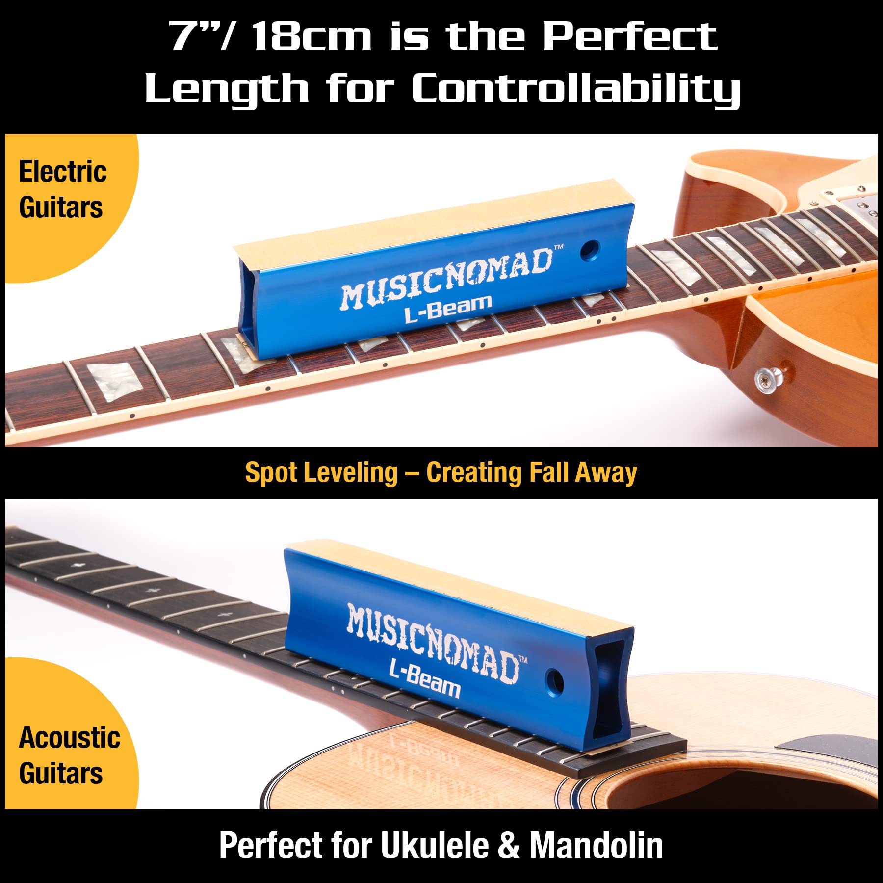 MusicNomad Niwelator progowy - poziomowanie (L-Beam) 7" (18 cm) do gitary, ukulele, mandoliny (MN810)