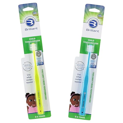 Miniatura 1 de Brilliant Cepillo de dientes para niños (2 a 5 años), cepillo manual para dientes para niños pequeños, cabeza redonda, colores surtidos, paquete de 2