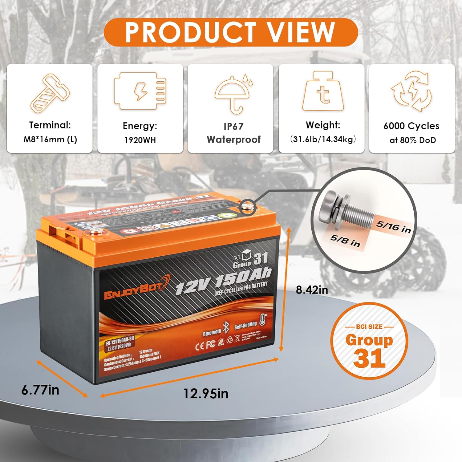 Enjoybot 12V 150Ah LiFePO4 battery product view with dimensions and specifications