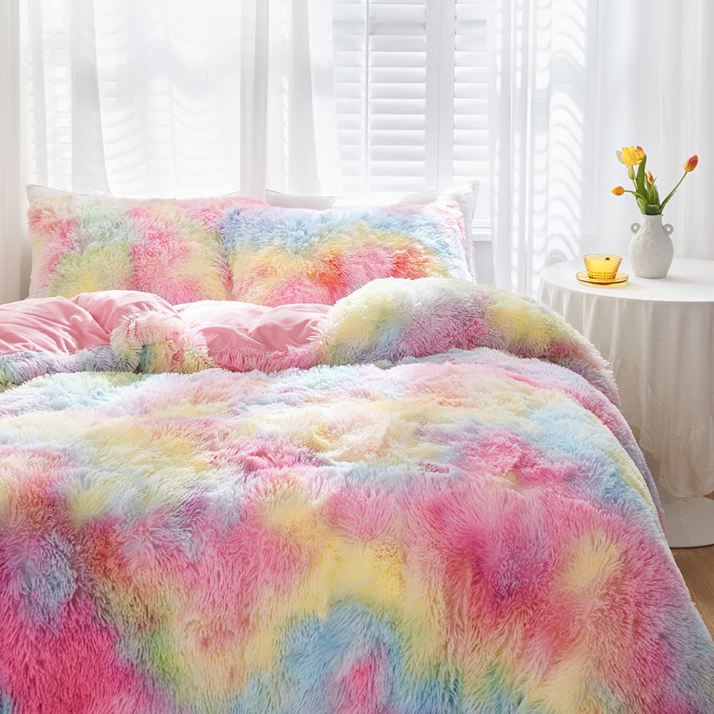 Winter Plüsch Bettwäsche 135x200 Regenbogen Bunt Plüsch Langhaar Bettbezug Set Weich Kuschelig Flauschige Bettwäsche 2 Teilig für Kinder Mädchen mit Reißverschluss und 80x80 cm Kissenbezug