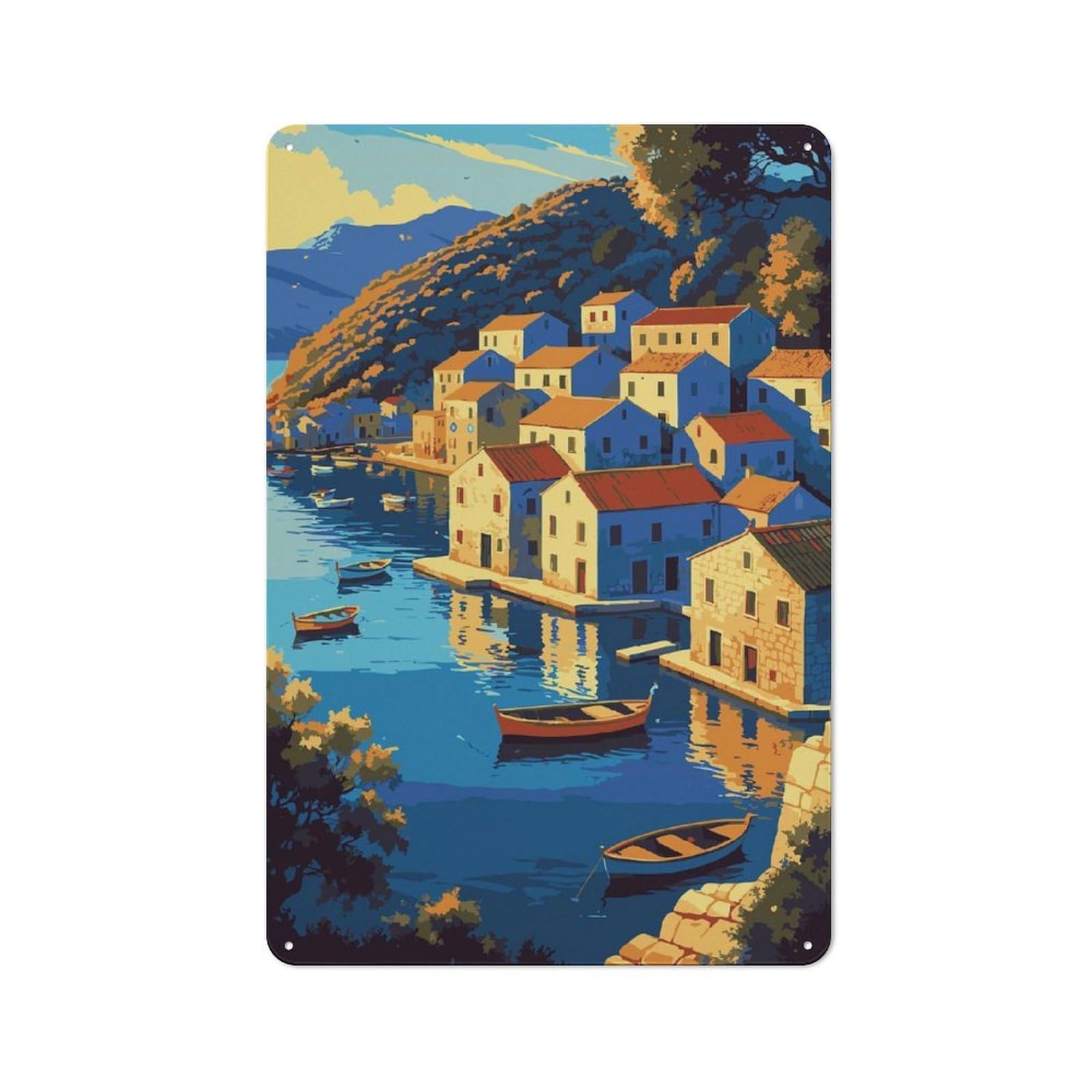 Junmoney Style-22 Tin Sign With Coastal Village With Boats And Reflections Design 30X20cm, Understated Studio Wall Plaque For Hobby Room, Office, Lounge Or Living Room