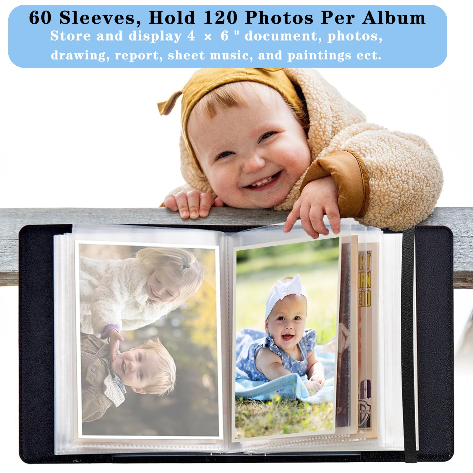 Fotoalbum, 10 x 15 cm, Kapazität für 120 Fotos, PU-Leder, niedliches kleines Fotoalbum mit starkem Gummiband, für Hochzeit, Baby, Reisen, Familie, Fotoalbum, Kätzchen und Schmetterling