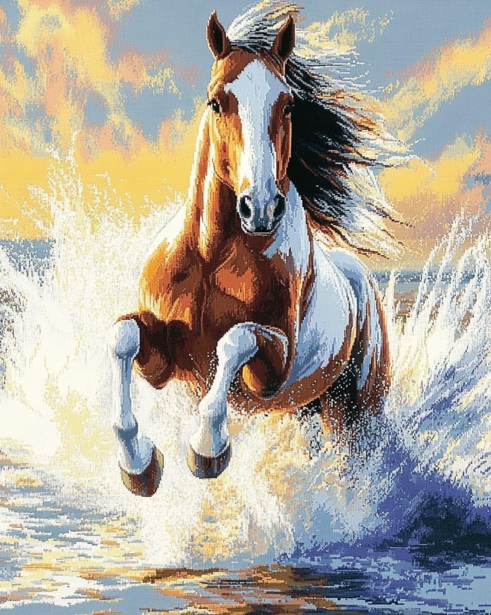 WallustrioaW Cross Stitch Stamped Kits,A Running Horse,Pre-Printed Cross-Stitching Starter Pattern for Beginners Adults,11CT Embroidery Needlepoint Kits,40x50cm