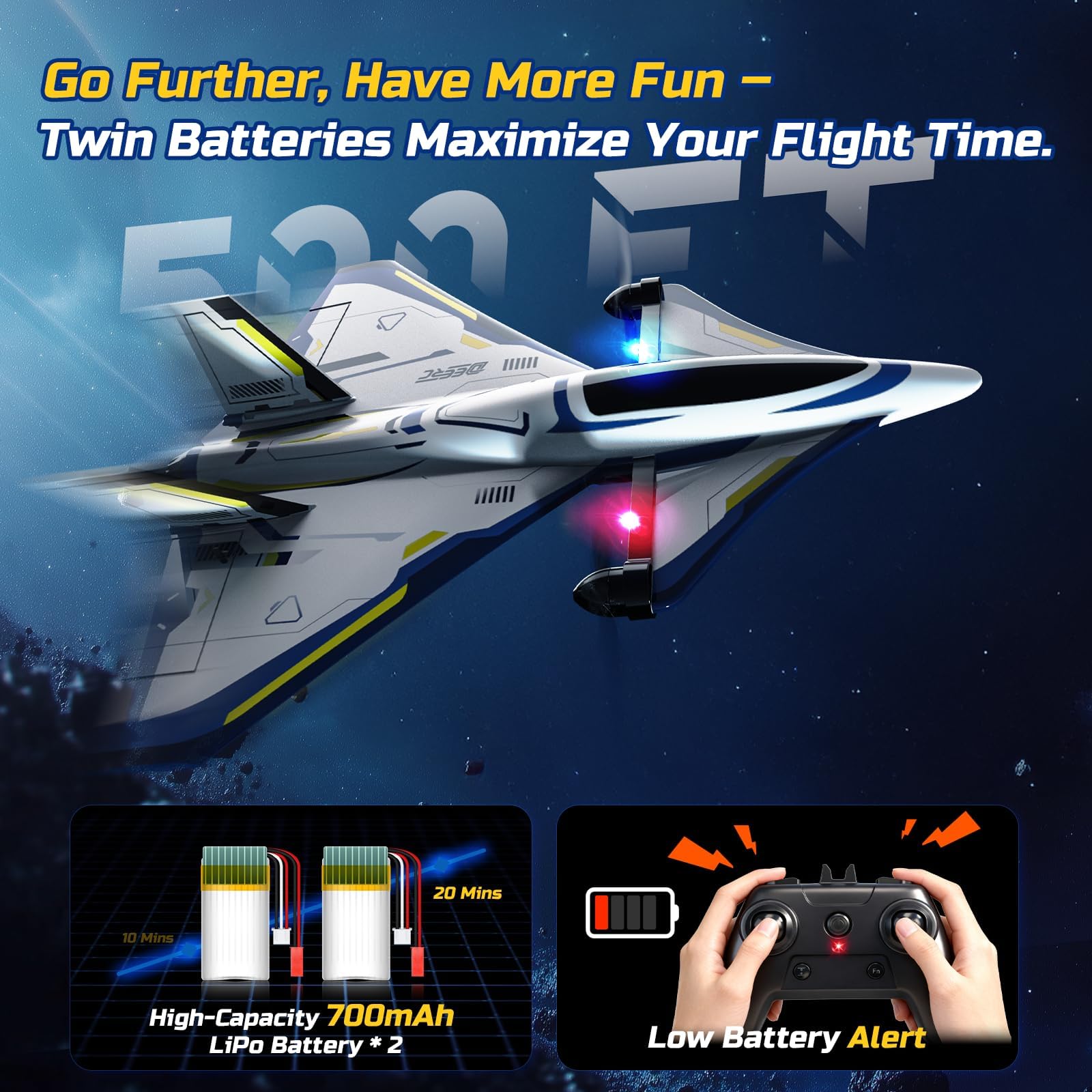 DEERC 4CH bürstenloses RC-Flugzeug, Sci-Fi ferngesteuertes Jet-Flugzeug mit LED-Lichtern, RTF Kunstflugzeug, 2,4 GHz 6-Achsen-Gyro-Stabilisator, EPP Segelflugzeug für Erwachsene und Fortgeschrittene