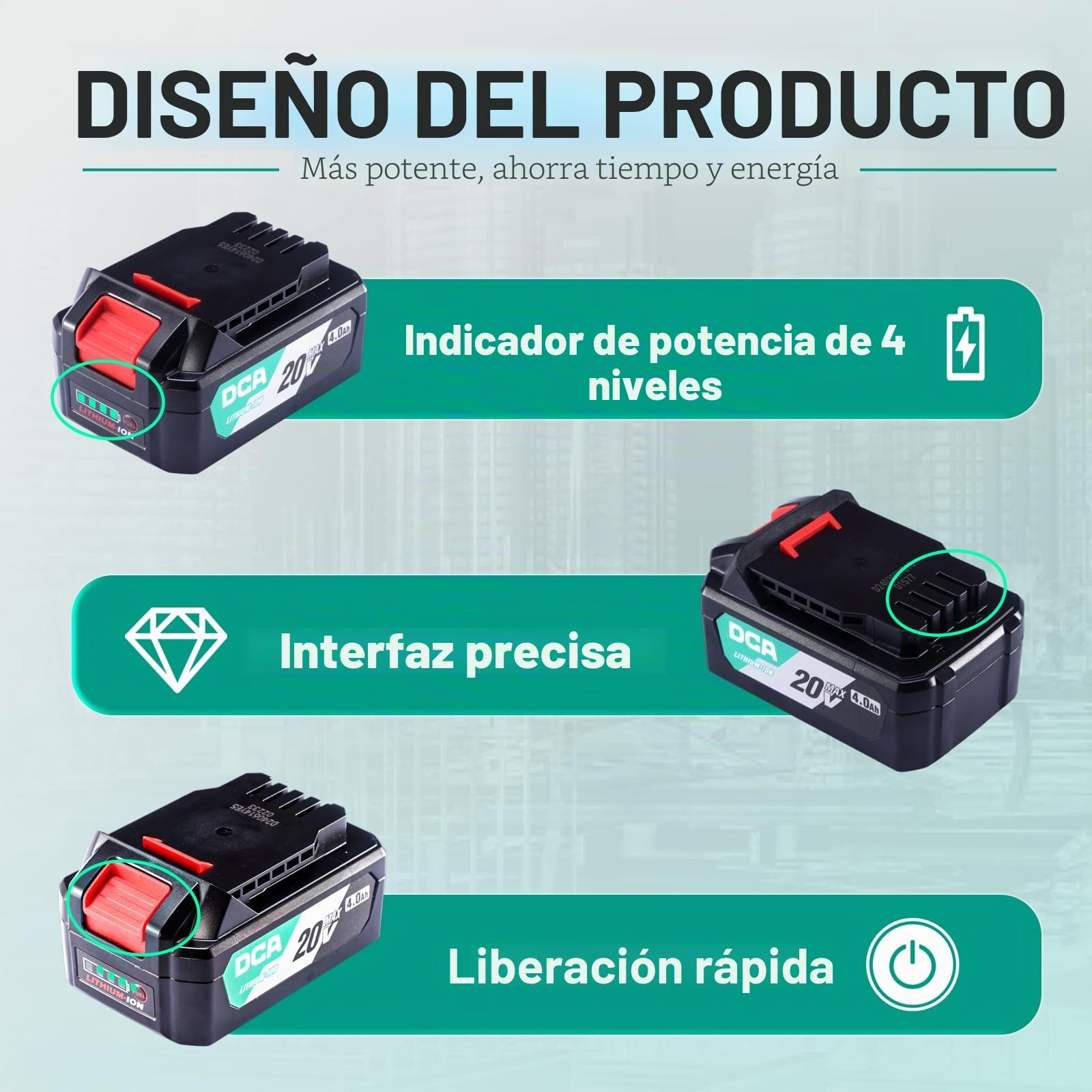 DCA Batería de iones de litio de 20V MAX, paquete de batería de 4,0Ah de alta capacidad, herramienta de batería compacta de 20V, 590g (FFBL2040)