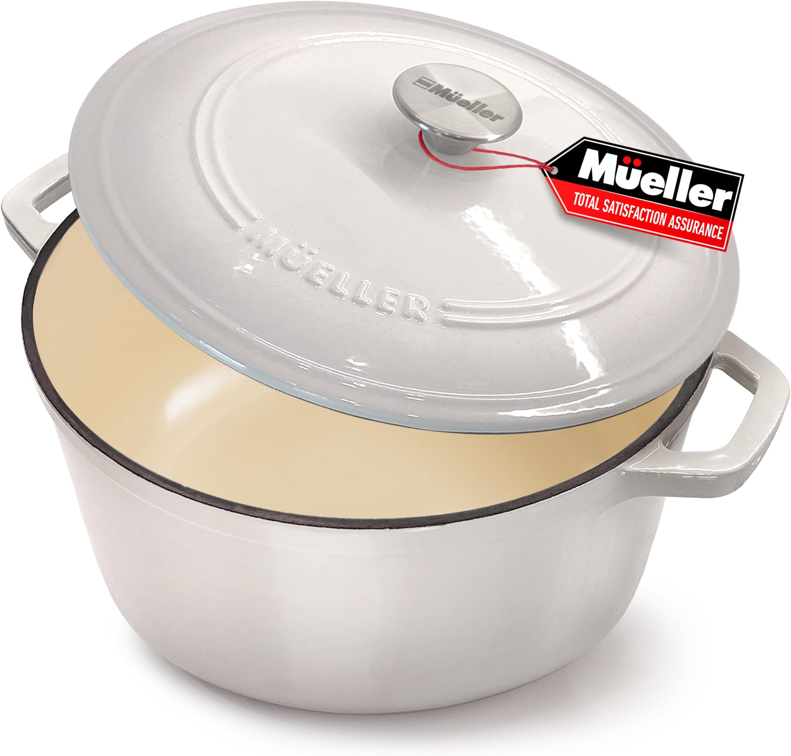 Mueller 6qt Enameled Cast Iron Dutch Oven, Heavy-Duty Casserole and Braiser Pan with Lid and Knob, Oven-Safe up to 500° F & Across All Cooktops, White