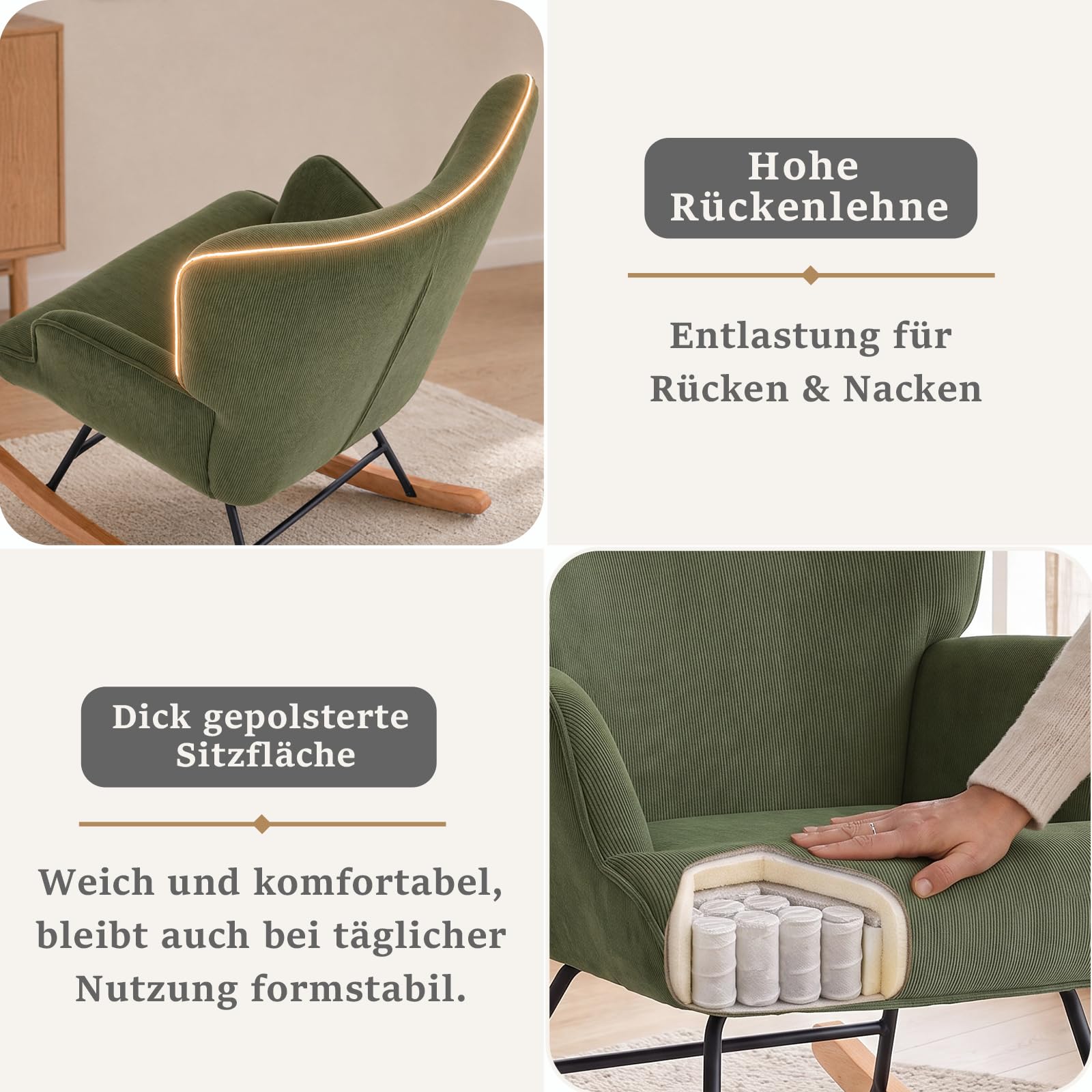 Poltrona a dondolo silenziosa con braccioli, in velluto a coste, comoda poltrona relax con schienale alto, moderna poltrona da lettura per soggiorno, camera da letto, piccoli spazi, verde