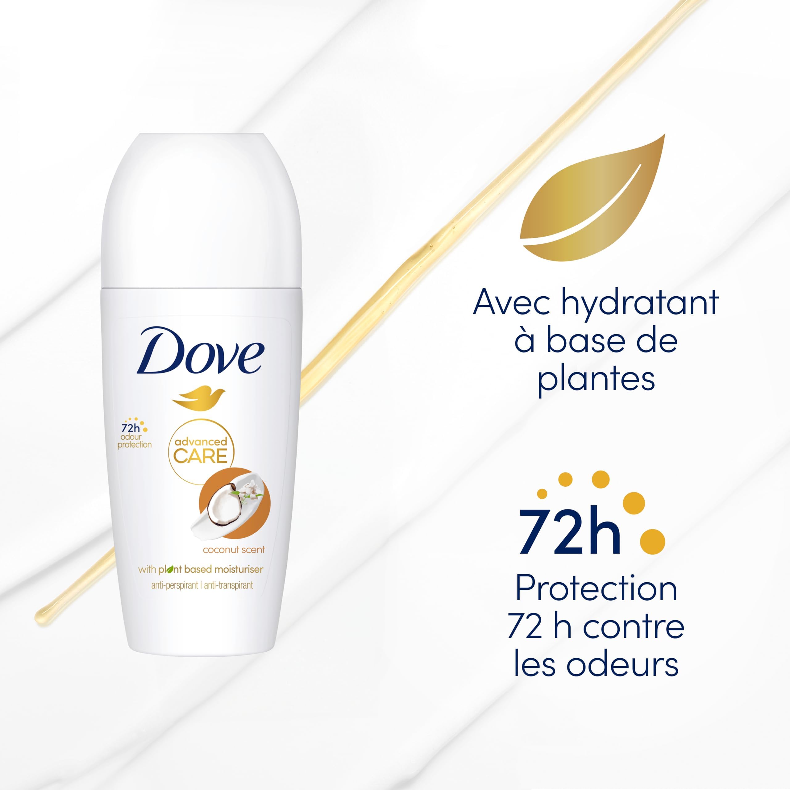 DOVE Déodorant Bille Anti-Transpirant Advanced Care - Noix de Coco - Soin quotidien des aisselles - 72h de protection contre la transpiration - lot de 6x50ml
