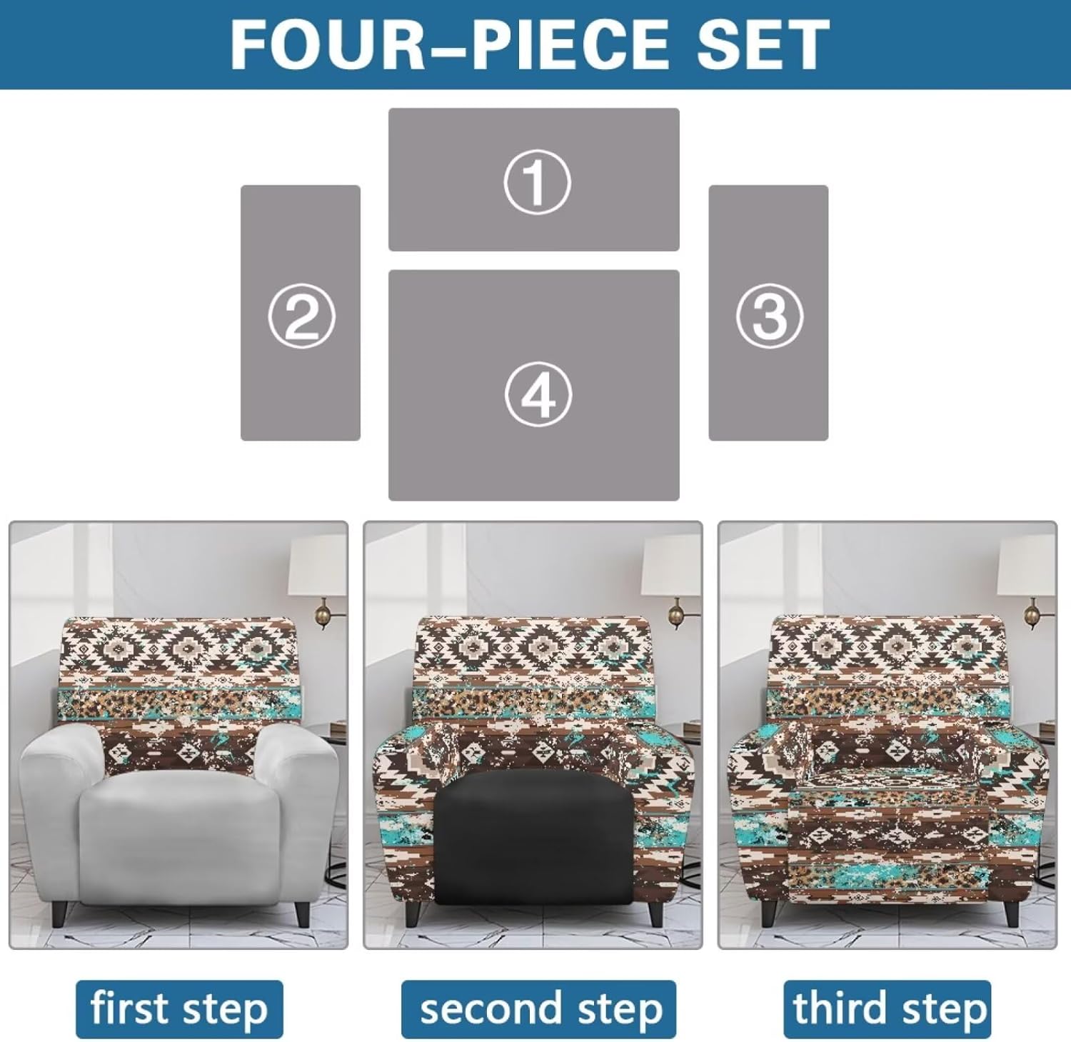 Aztec Leopard Print Recliner Chair Covers 4 Pieces Recliner Cover That Stay in Place, Washable Lazy Boy Reclining Sofa Slipcovers with Pockets Reclining Protector for Pet, Kids
