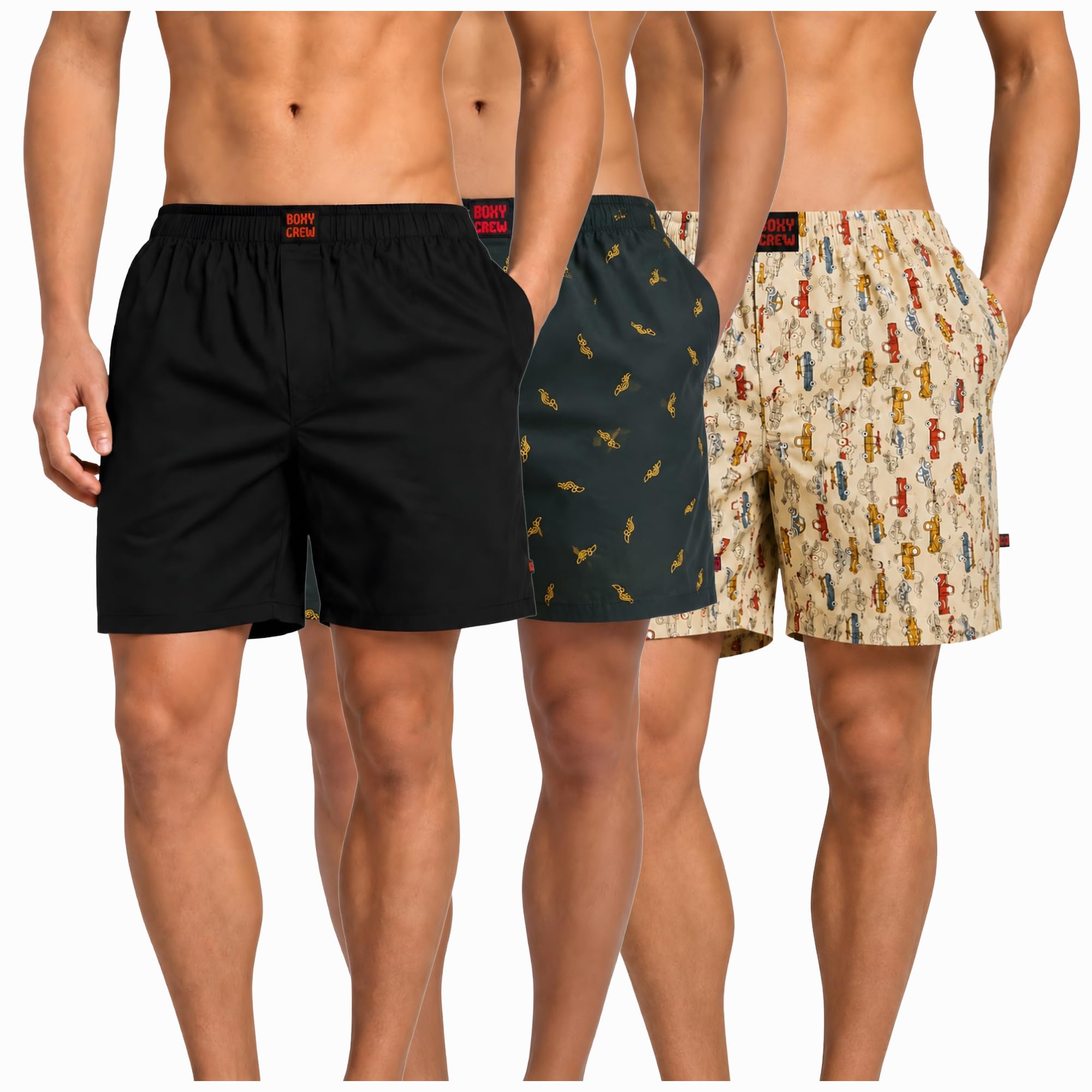Men's 100% Cotton Boxer Shorts Pack of 3, Black, Dark Teal & Beige | Woven Boxers with Side Pockets, No-Marks Elastic Waistband, Breathable Relaxed Fit | Style 001-010-013-picture-22