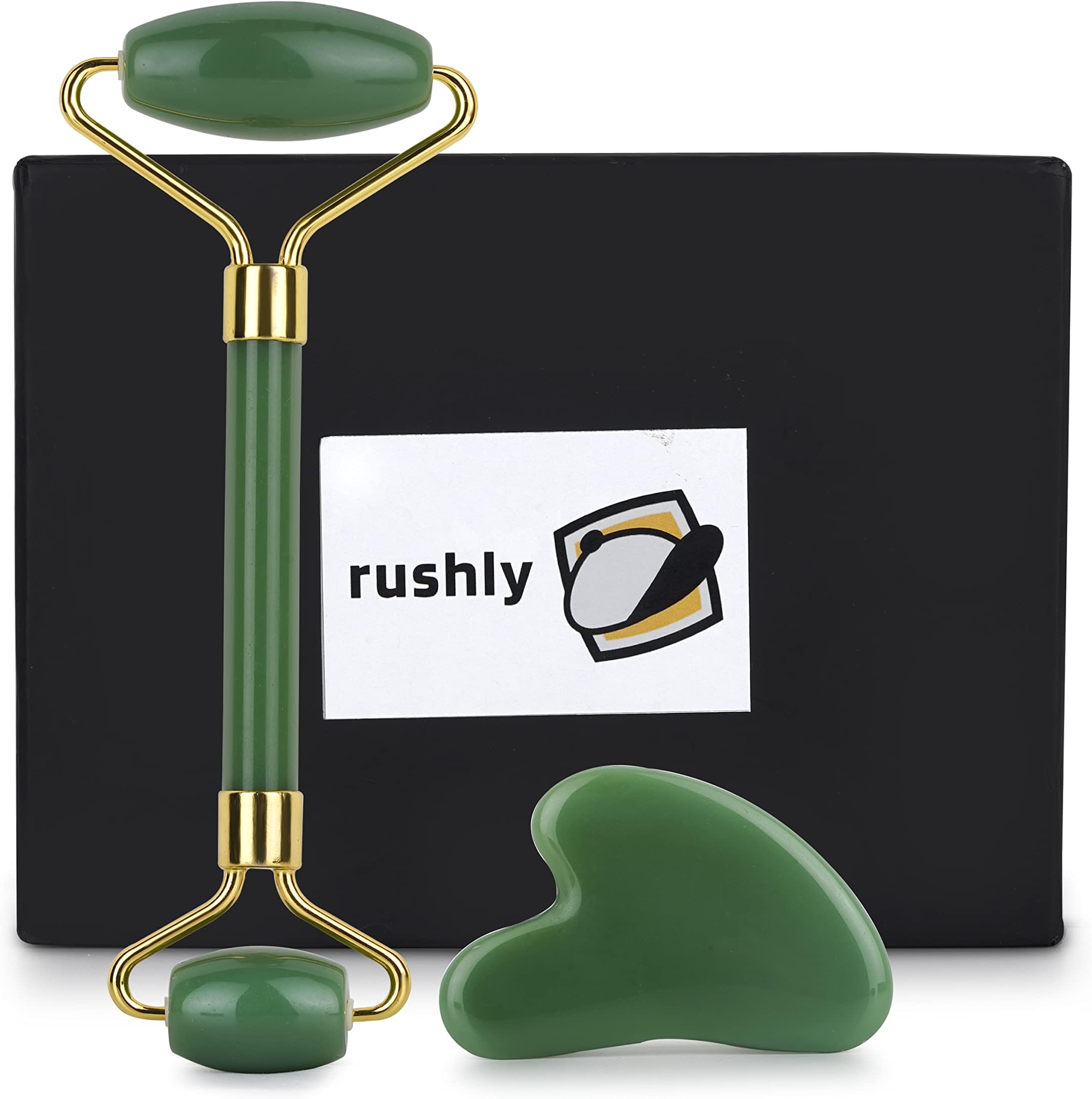 Rushly Jade Roller & Gua Sha Stone Set - 100% Natural Jade Stone Face Roller for Smooth and Glowing Skin, Improved Blood Circulation, and Toned Muscles, Face Massager for Women and Men