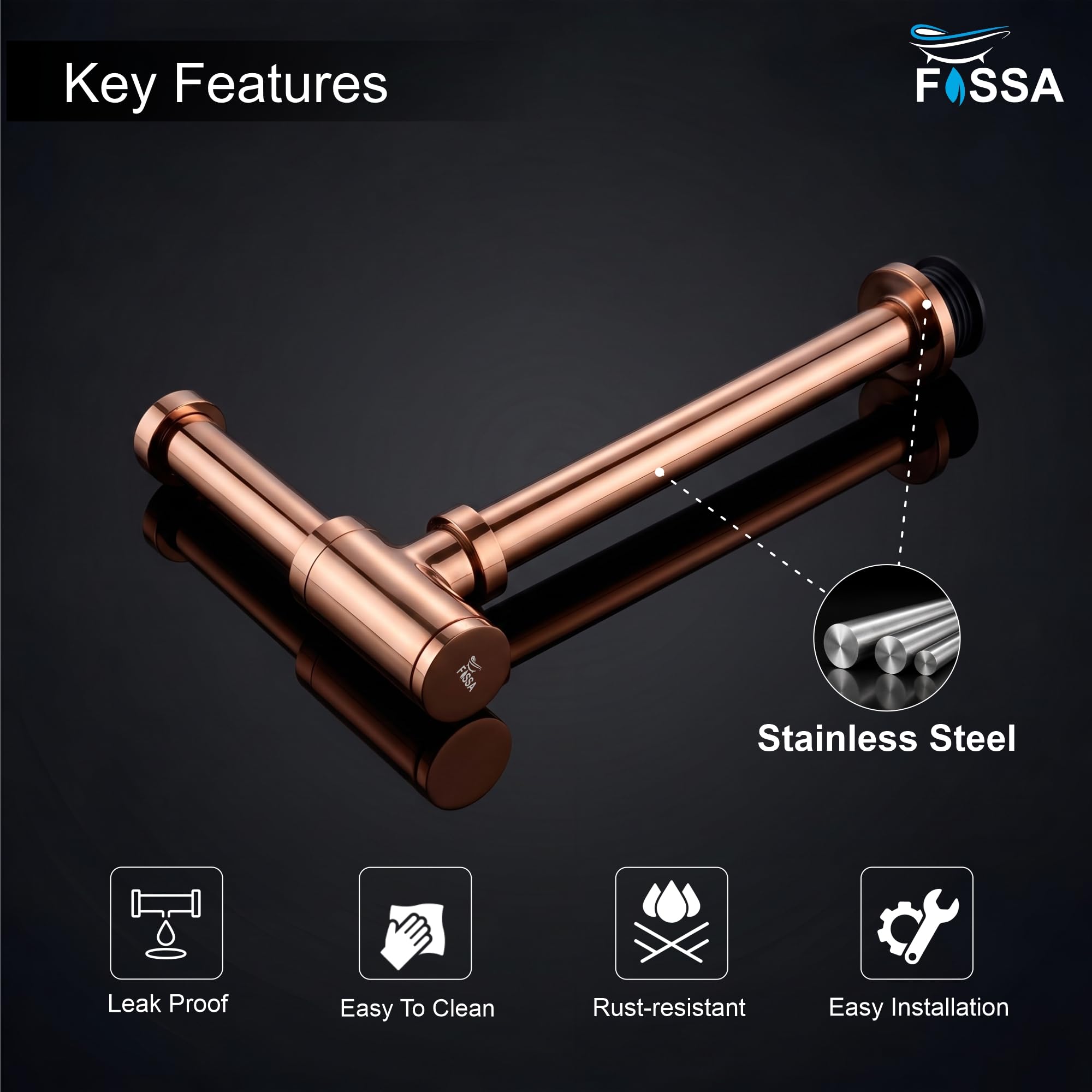 Fossa 304 Stainless Steel Bottle Trap – 12-Inches Long Pipe for Wash Basin, Bathroom & Kitchen Sink | Rust-Free Modern Bottle Trap Fitting Rose Gold (Chrome Finish) 1