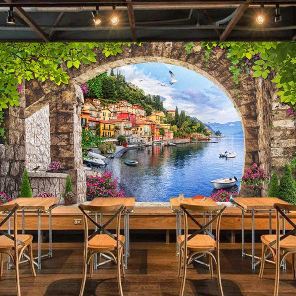 3D Photo Mural Street View City Arch European Style Peel And Stick Wall Poster Removable Tv Background Decorative Wall Sticker For Kids Room Sogg 250 x 175cm (LxH)