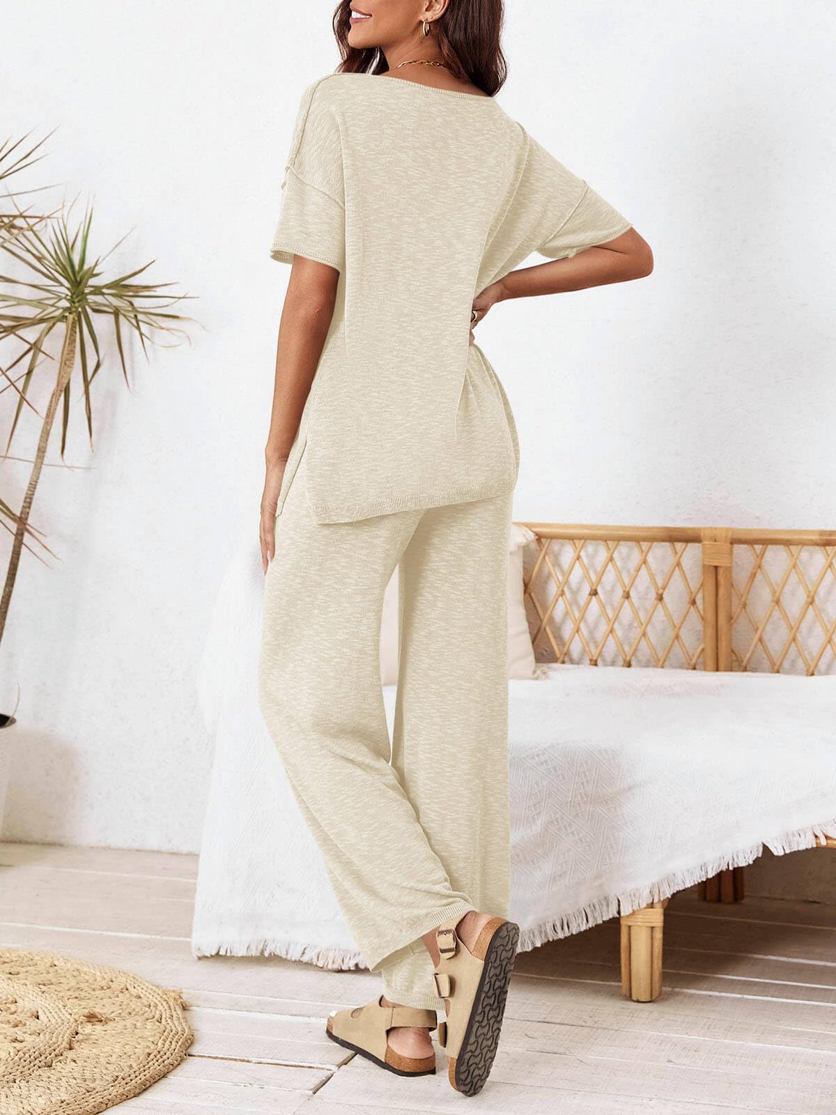 Tankaneo Conjunto de 2 piezas de suéter de punto de manga corta para mujer, conjunto de pantalones de pierna ancha, conjunto de chándal