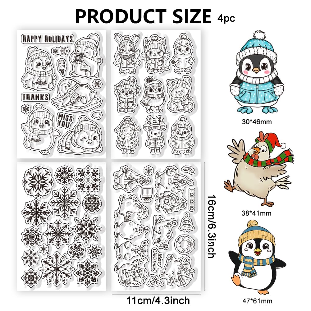 4 sellos transparentes de 4 estilos de Navidad, invierno, copos de nieve, pájaros, perros, gatos, pingüinos, conejos, osos, sellos transparentes de silicona para manualidades, álbumes de