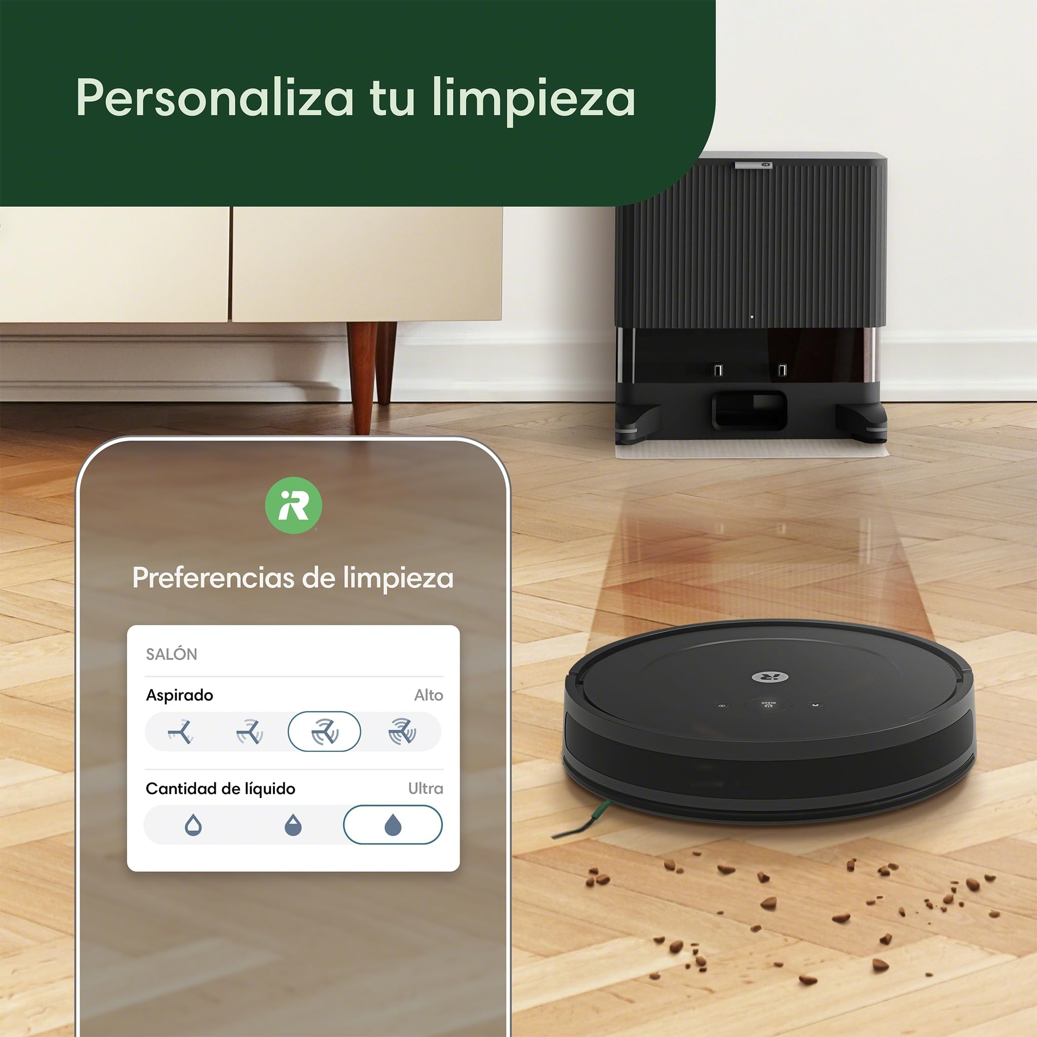 iRobot Roomba Combo 2 Essential y Base AutoEmpty con autovaciado para 60 días, Negro, 2en 1, 4 Fases Limpieza, Potente aspiración y fregado, 4 Niveles succión, Recarga y reanuda, App