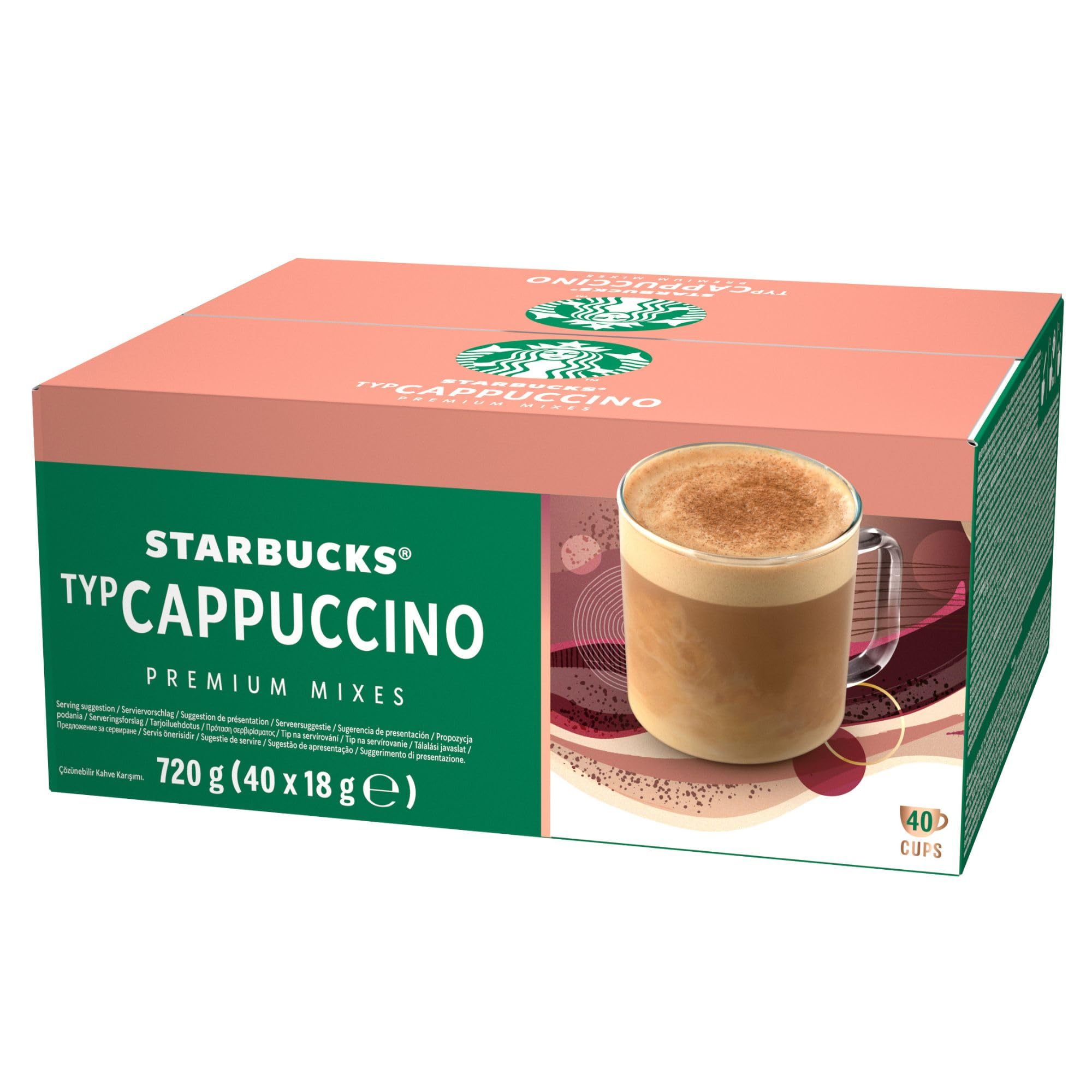 STARBUCKS Cappuccino - 40 Sachets Solubles - Spécialités Instantanées Gourmandes - Café 100% Arabica - Facile à Emporter - Boîte de 40 Sticks de 18g - 720g | Préparation soluble avec du lait et du café pour cappuccino, pour service monodose.