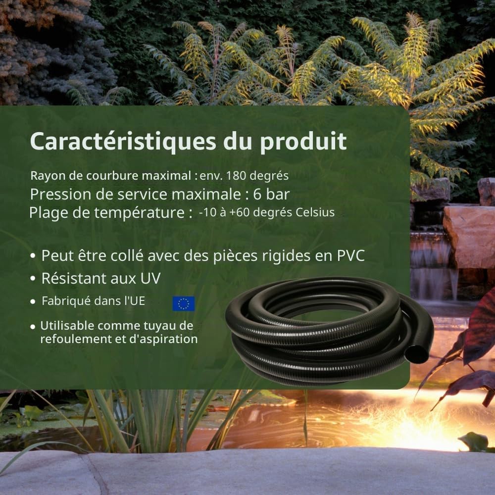 Tuyau pour étang HeRo24 professionnel, 40 mm, 10 m, PVC, noir, résistant aux UV, collable, pression de 6 bars, type V