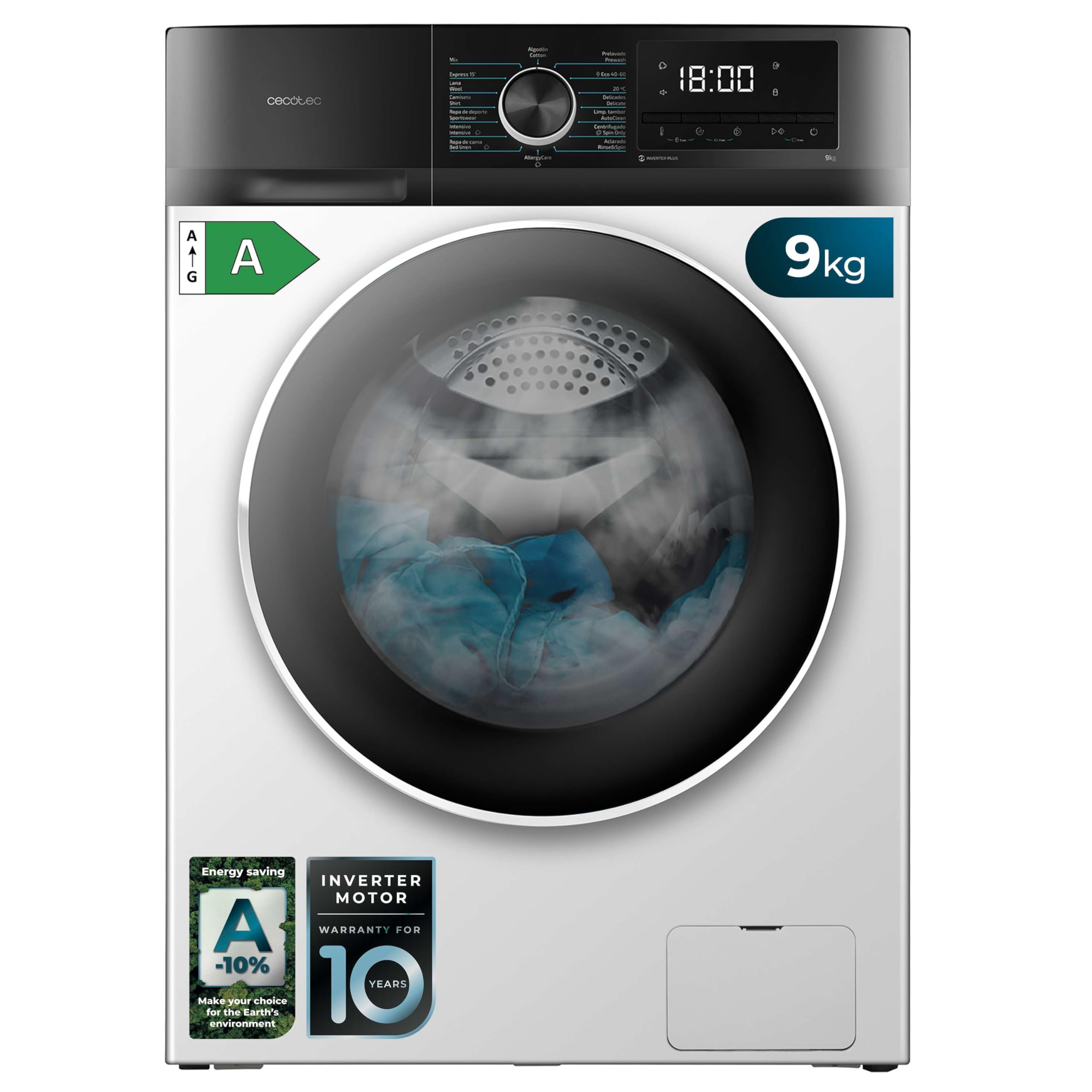 Cecotec Lavadora 9Kg Carga Frontal Bolero Dresscode 9500 Inverter A. 1900W, 1400 rpm, Motor Inverter Plus, Bajo Consumo, 16 Programas, SteamMax, Delay Start, Blanco