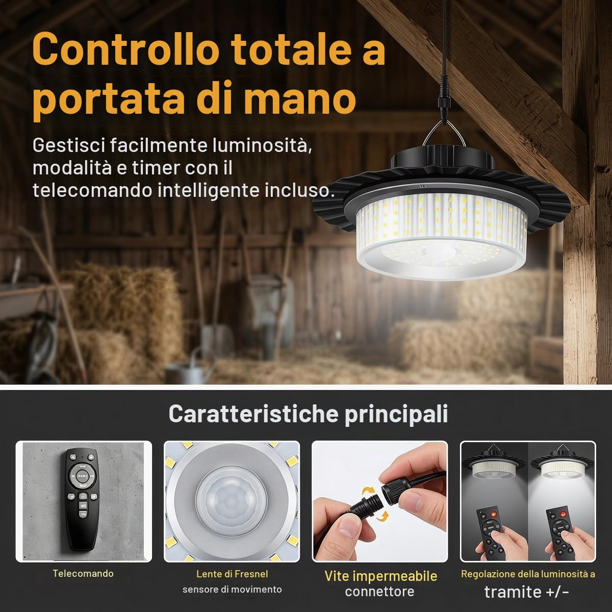 Lampade solari interne per capannoni, lampada solare con sensore di movimento a 4 modalità luminose, lampada sospesa solare per esterni impermeabile con telecomando, ideale per capannoni, gazebo