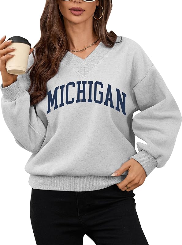 Avanova Women Michigan Graphic V Neck Sweatshirt Drop Shoulder Fall Pullover Top Grey Mi Small image 5