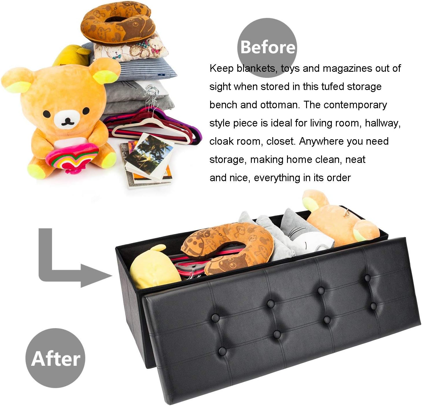Bonnlo Extra Large 43" Faux Leather Folding Storage Ottoman Cube Bench/Foot Rest Seat/Coffee Table Black