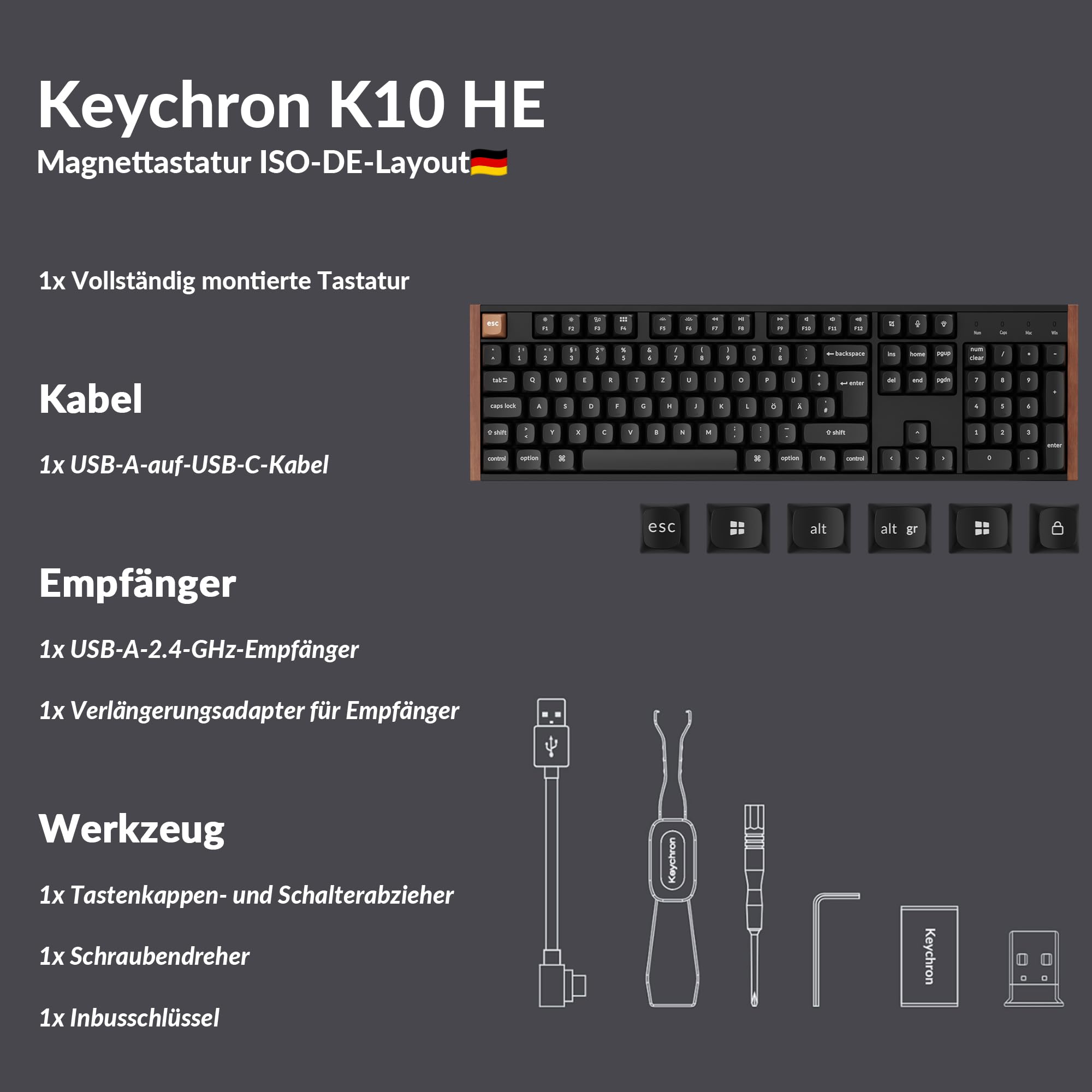 Keychron K10 HE kabellose Gaming-Tastatur, ISO-DE-Layout, Gateron Nebula Dual-Rail-Magnetschalter, programmierbar, Aluminium- und Holzrahmen, für Mac und Windows – Sonderedition (Schwarz)
